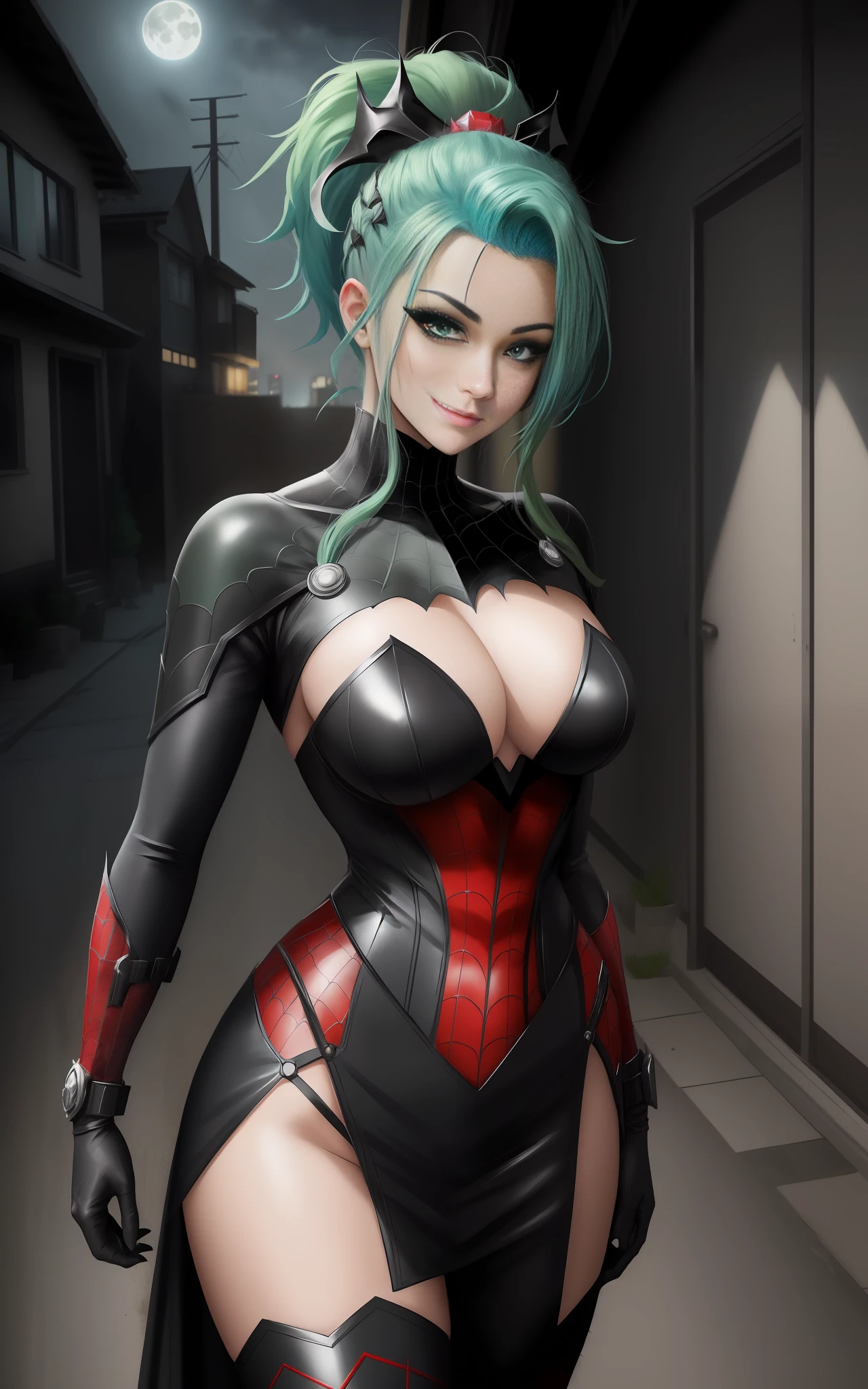 She's wearing maid/Batman/Spider-Man/Kamen Rider costume, the costume is black with blank parts/built-in weapons, several thugs are watching her inside the houses that are inside the dark alley she's in/night/full moon, she's completely attentive, looking at the viewer, smiling, costume/face/full of blood, 1woman/mohawk green hair/blue eyes, Anime Style, Max masterpiece/resolution/quality/detail/sharpness, well designed, extremely beautiful, professional drawing.