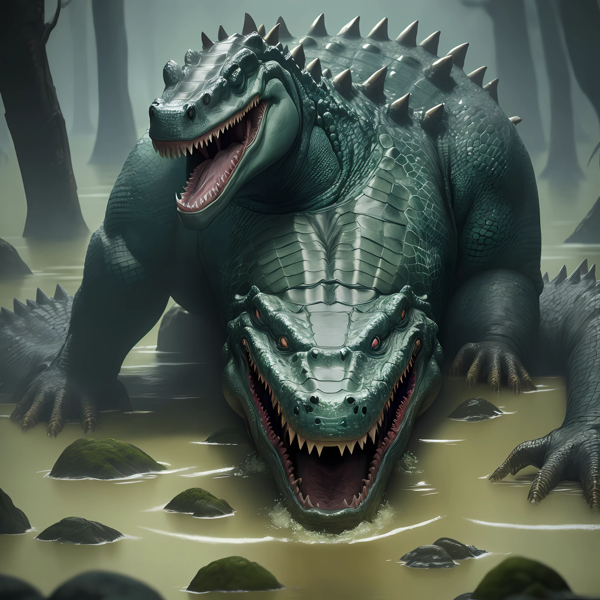 Humanoid alligator, big teeth, claws, swampy background, 8k quality, cinematic focus, vivid colors