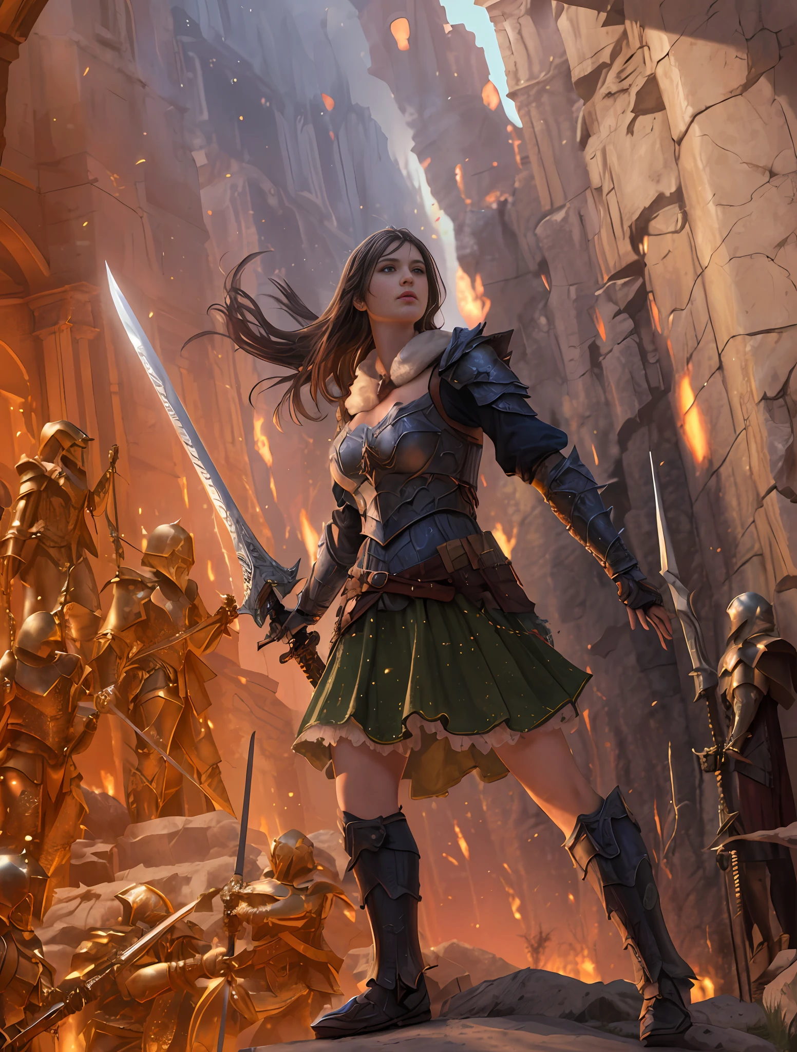 Masterpiece, best quality, realistic human, photo realistic, 1Girl, (delicate and glossy skin: 1.2) wielding sword, (exquisite facial depiction), alert state, wearing armor (ultra fine structure), background: Skeleton Ghost Soldier, attack, mountain rock, (exquisite details of rock) particles, realistic, ultra fine, close to the audience, pay attention to facial details, background: mountain, backlight, (extreme details), fantasy engine, Octane rendering, 8K