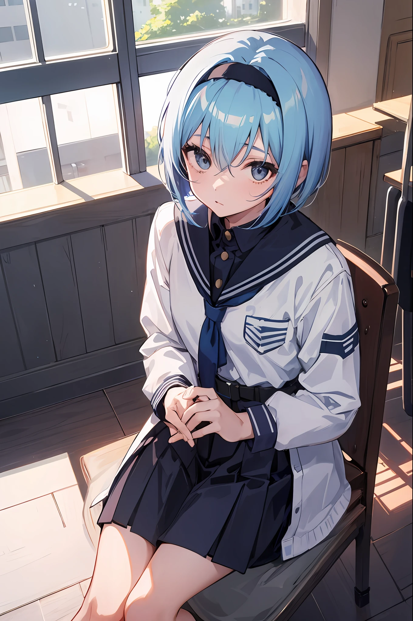 1 girl, uniform, in classroom, girder belt, light blue hair, black hair band, ashime bob, short hair, sitting on a chair