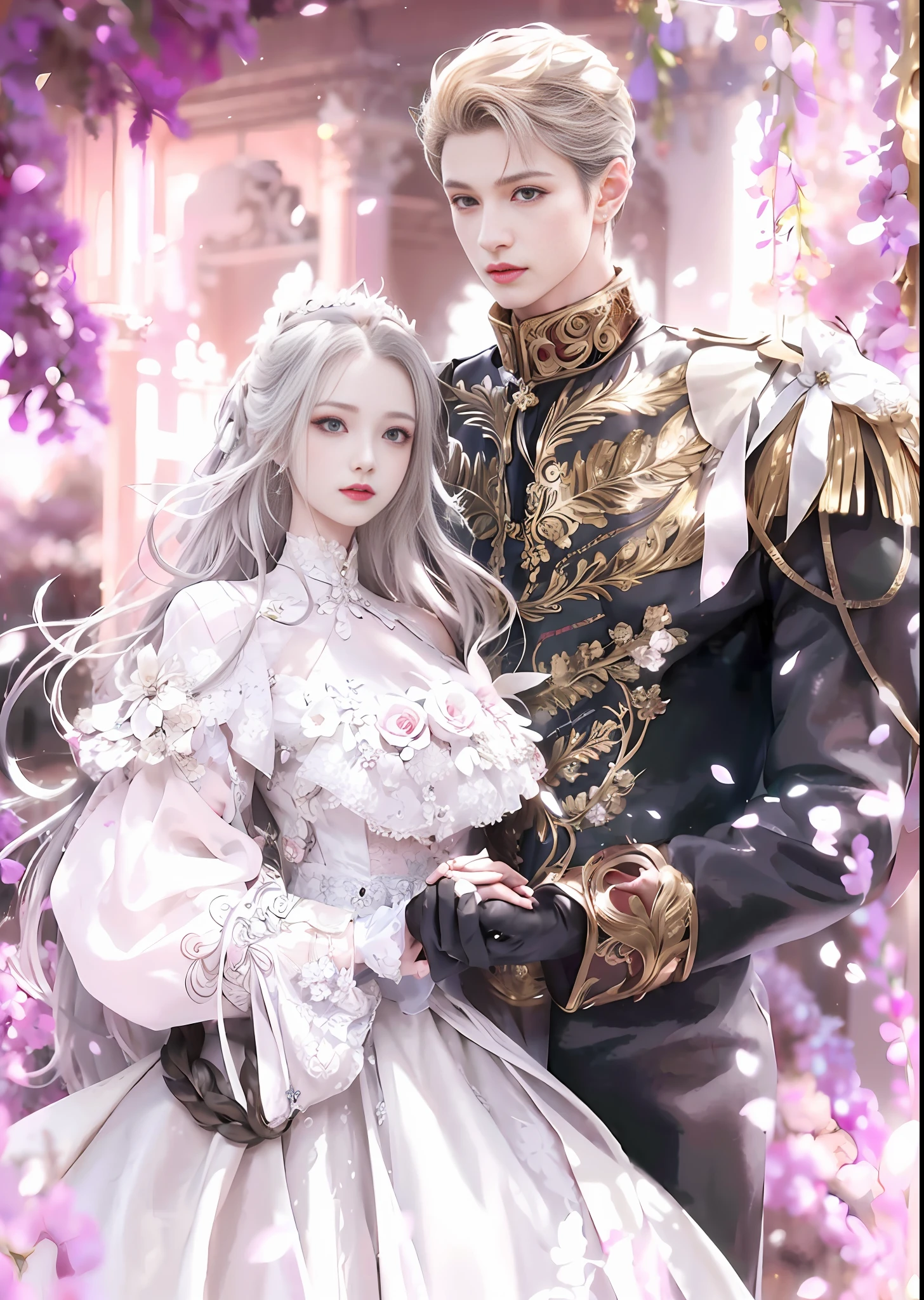 anime couple in wedding dress standing in a garden with flowers, delicate androgynous prince, highly detailed exquisite fanart, beautiful androgynous prince, wlop and sakimichan, sakimichan and frank franzzeta, anime fantasy illustration, nixeu and sakimichan, ((a beautiful fantasy empress)), romanticism art style