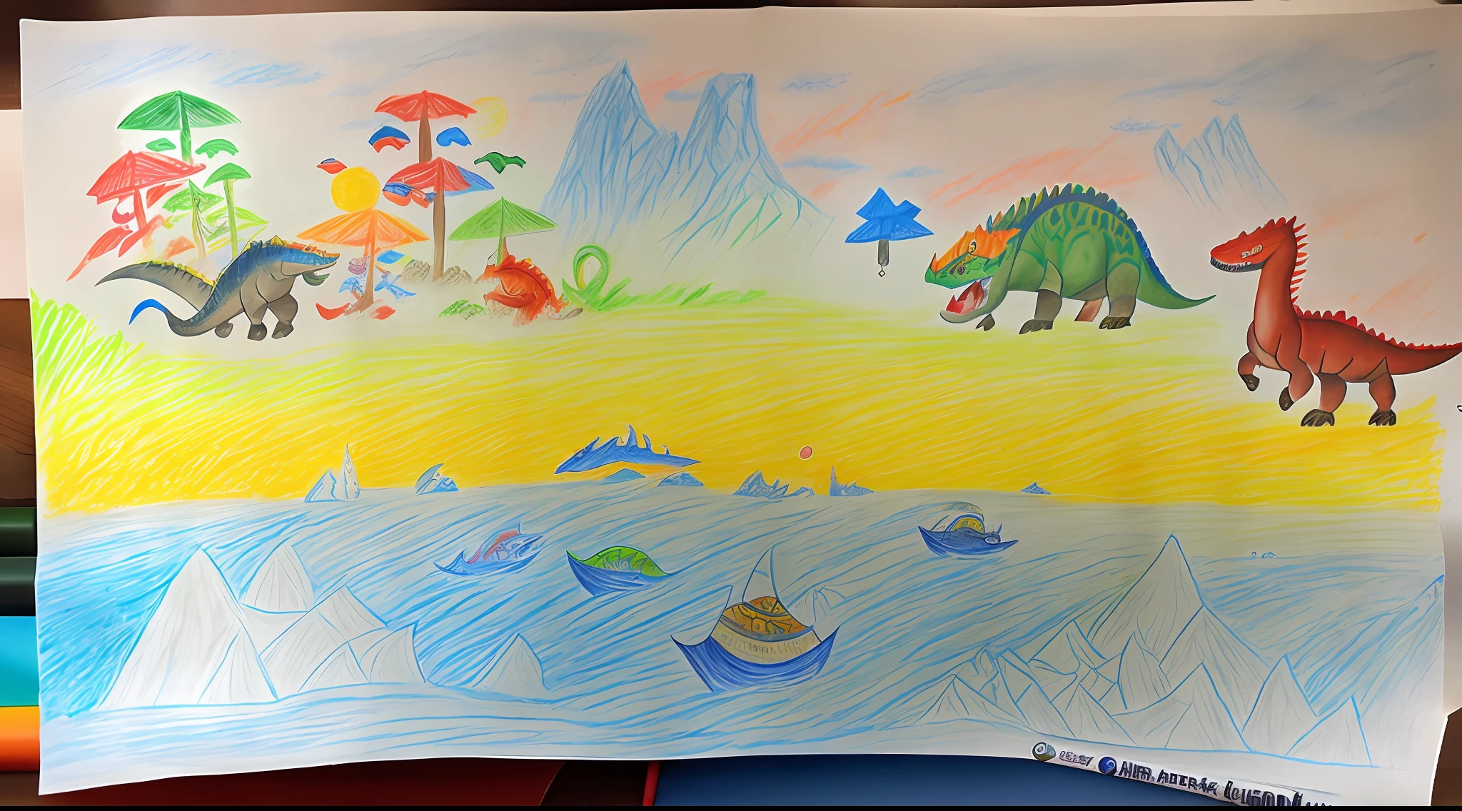 Children's drawing, Anato Finstak, crayon drawing, fantasy scene, Age of Dinosaurs, Nintendo, Genshin style