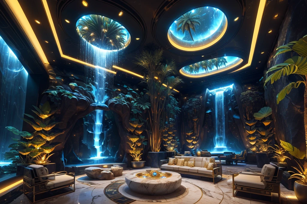 incredible luxurious futuristic interior in Ancient Egyptian style with many ((lush plants)) (lotus flowers), ((palm trees)), rocky walls, (sand), (waterfalls), (marble), ((precious minerals)), ((metals)), (gemstones), crystals, clouds and ((water)), futuristic luxury furniture, crocodiles, ((hieroglyphics)), (((ultra luxury))), (black marble) – with ((beautiful lights)), Unreal Engine, HQ, 16k