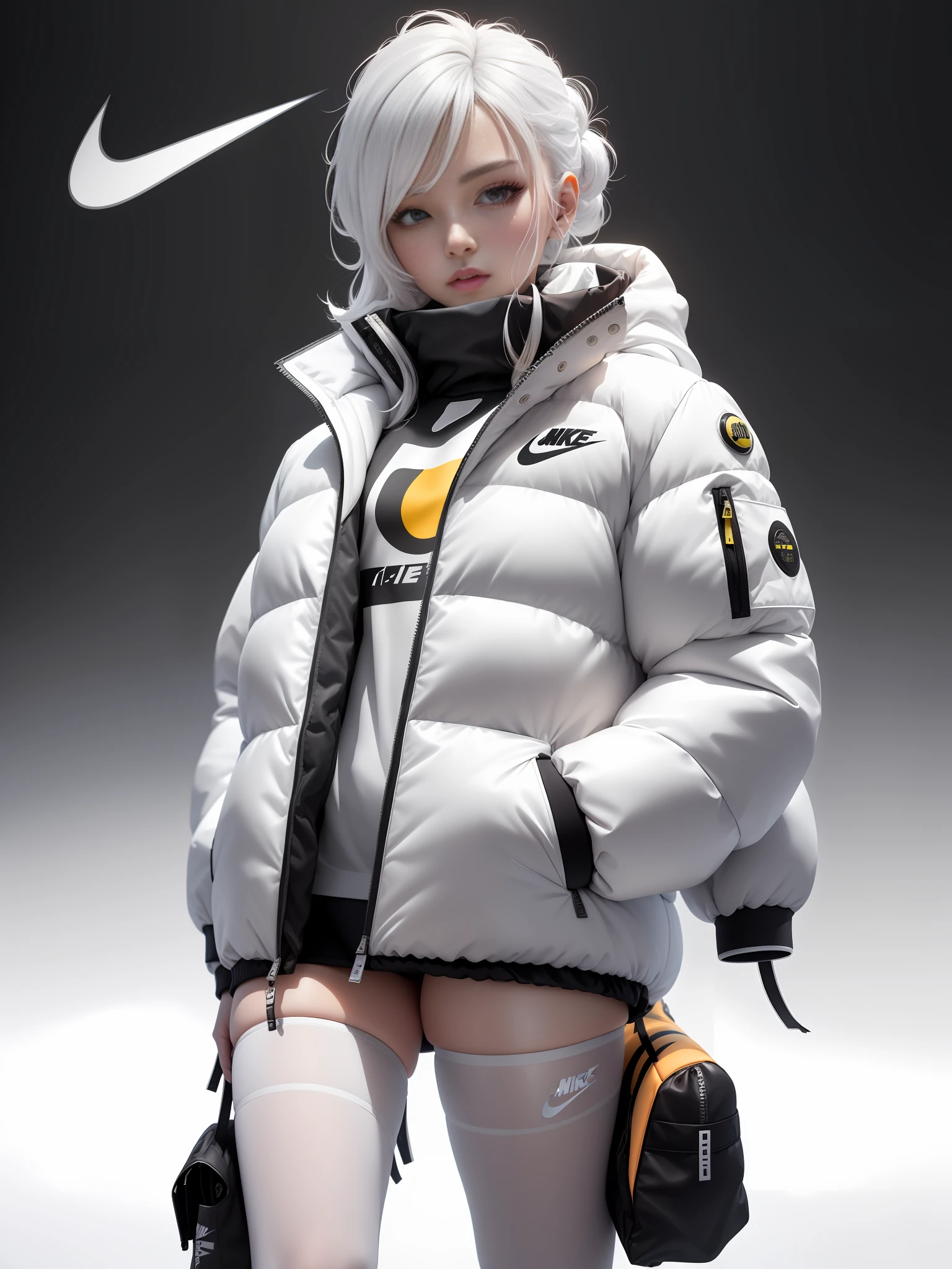 A stylish single person full of bubbles fluffy feeling of spring and autumn down jacket design space background cyberpunk ((white :1.3) + (fashion: 1.1) + (trendy: 1.2)), (nike logo), (corona rendering), (space winter down jacket concept + concept art design): 1.3), (8K: 1.3), (2:3 aspect ratio + warm color Q2), (750 pixels), ((fashion elements) :( 1.1 + spring and autumn down jacket fusion with fashion elements) ), (dynamic: 5) yellow accents