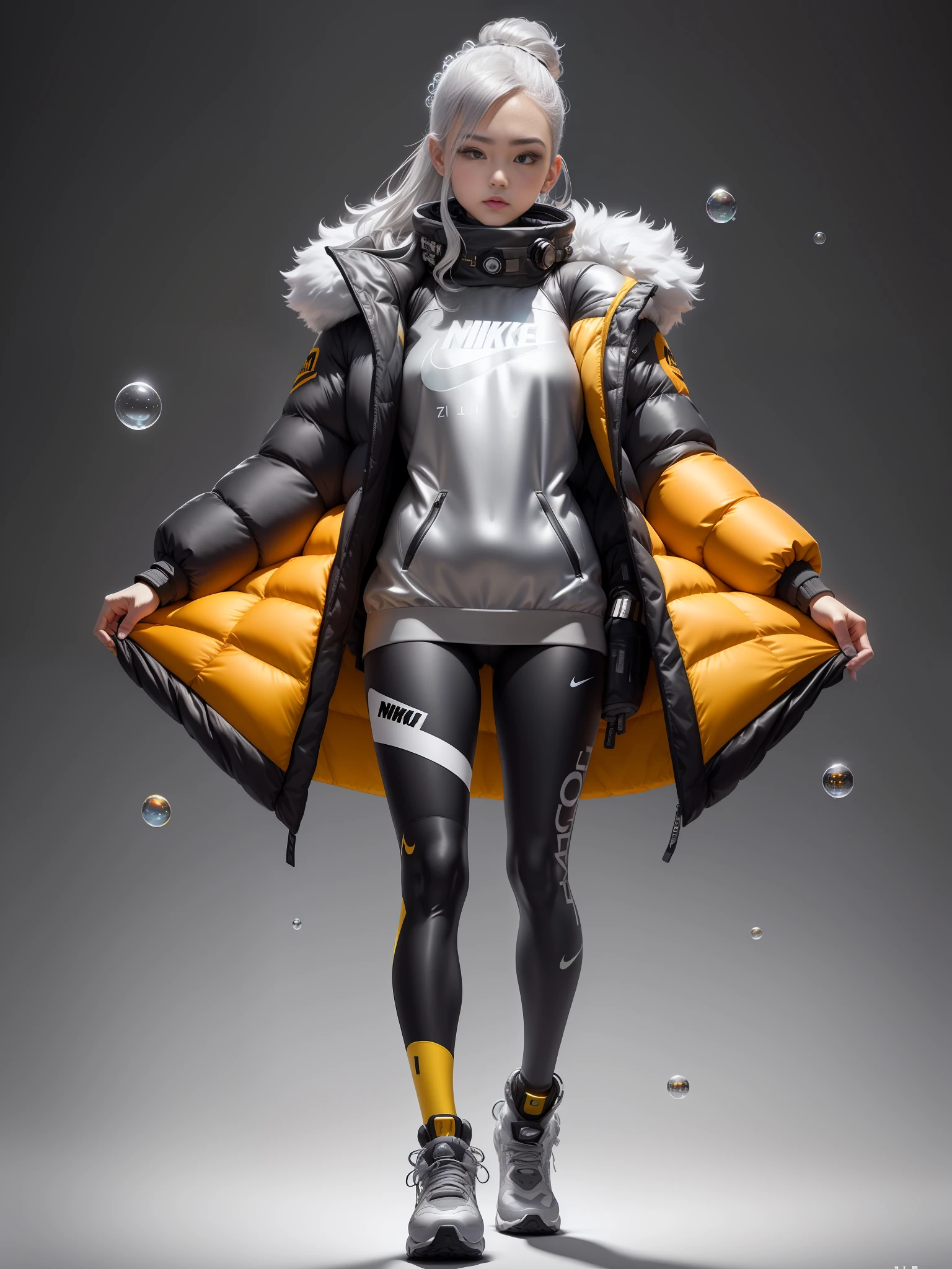 A stylish one-man spring and autumn down jacket design space background full of bubbles and fluffy feeling Cyberpunk ((silver gray: 1.3) + (fashion: 1.1) + (trendy: 1.2)), (nike logo), (corona rendering), (space winter down jacket concept + concept art design): 1.3), (8K: 1.3), (2:3 aspect ratio + warm color Q2), (750 pixels), ((fashion elements) :( 1.1 + spring and autumn down jacket fusion with fashion elements )), (dynamic: 5) yellow accents