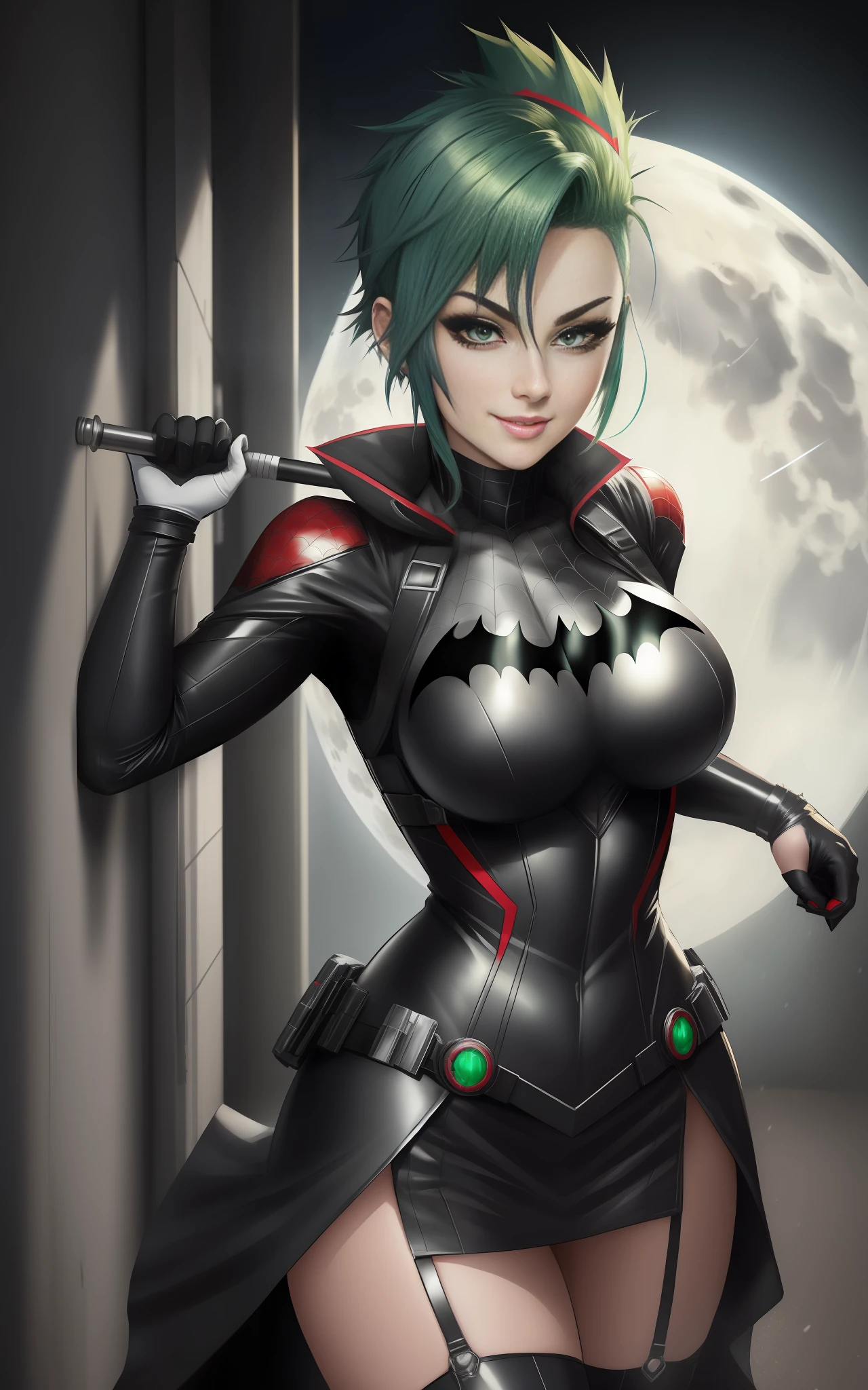 She is wearing a maid costume/Batman/Spiderman/Kamen Rider,the outfit is black with white parts/built-in weapons, the criminals are right behind her observing her movements, in the dark alley where she is located/night/full moon, she is fully alert, looking at the viewer, smiling, outfit/face/covered in blood, 1 woman/short green mohawk hair/blue eyes, Anime style, Max Masterpiece/resolution/quality/detail/sharpness, well-drawn, extremely beautiful, professional drawing.