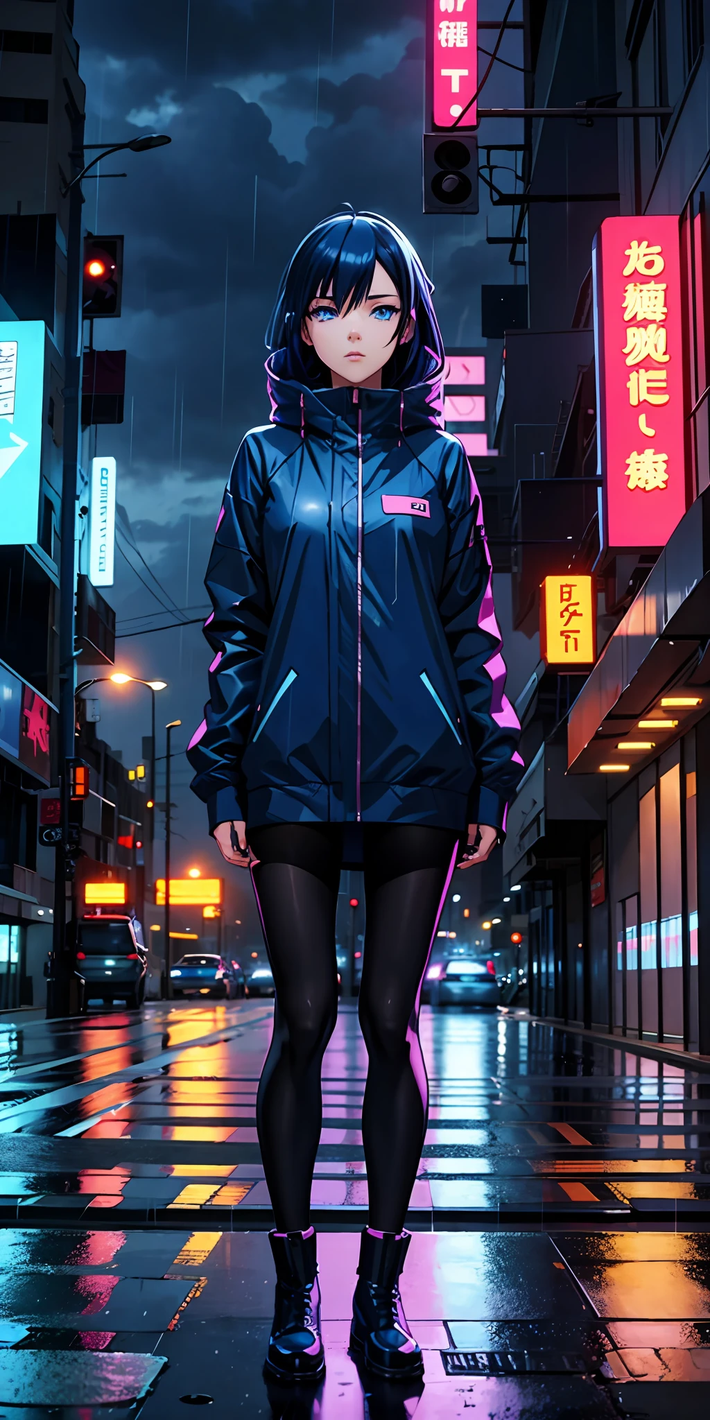 cool synthwave anime girl , dark blue hair , blue eyes , rainy time , in the city ,
