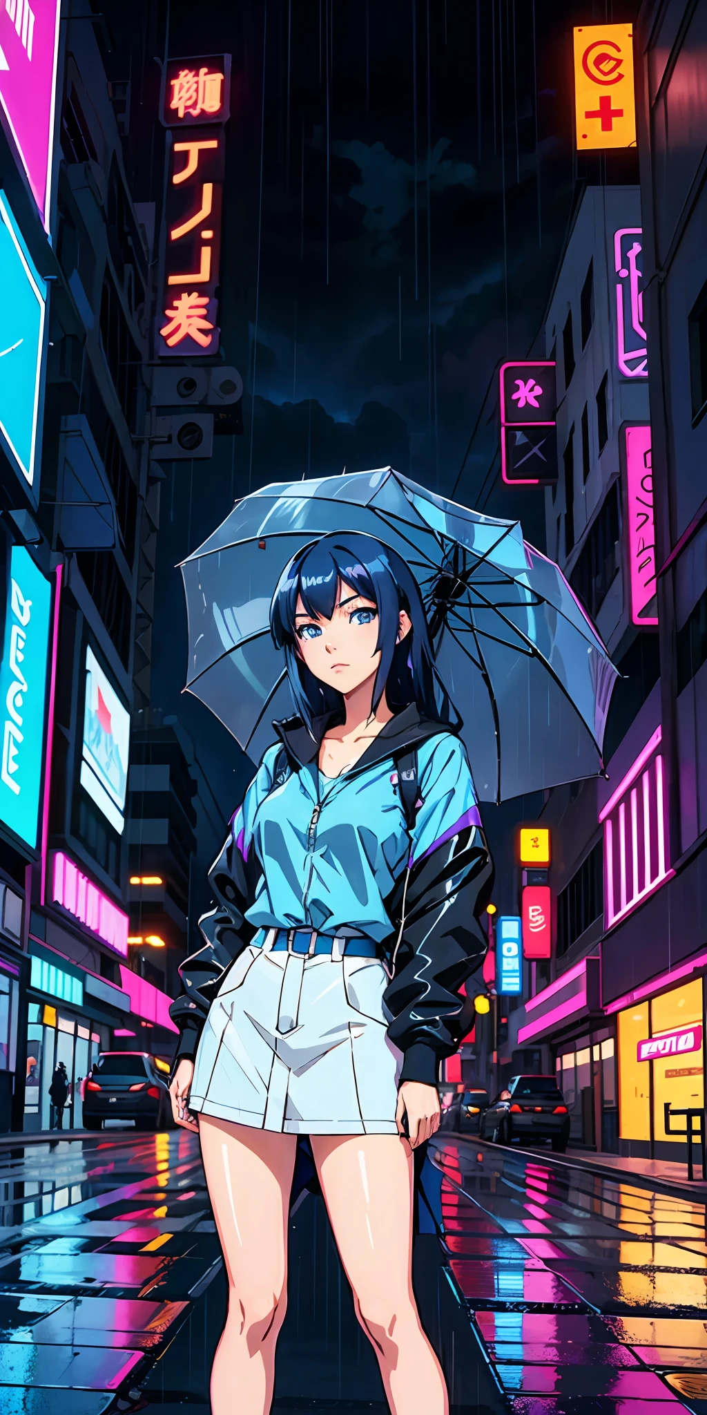 cool synthwave anime girl , dark blue hair , blue eyes , rainy time , in the city ,