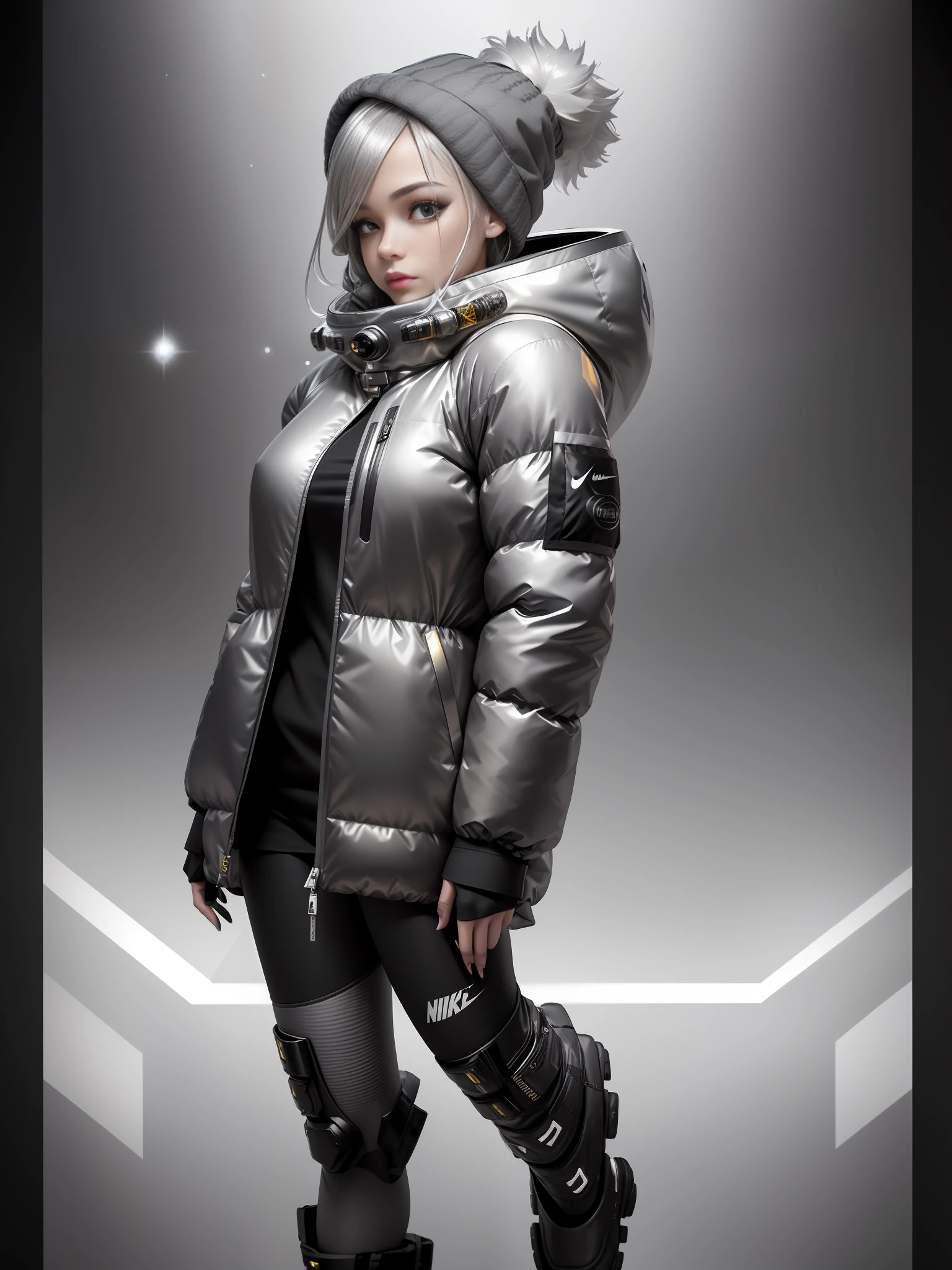 A stylish single person full of bubbles fluffy feeling of spring and autumn down jacket design space background lattice texture Cyberpunk ((silver gray black :1.3)+(fashion:1.1)+(trendy:1.2)),(nike logo),(corona rendering),((space winter down jacket concept + concept art design):1.3),(8K:1.3),(2:3 aspect ratio + warm color Q2),(750 pixels),((fashion elements):(1.1+ Spring and autumn down jacket blends with fashion elements)), (dynamic: 5) yellow embellishment