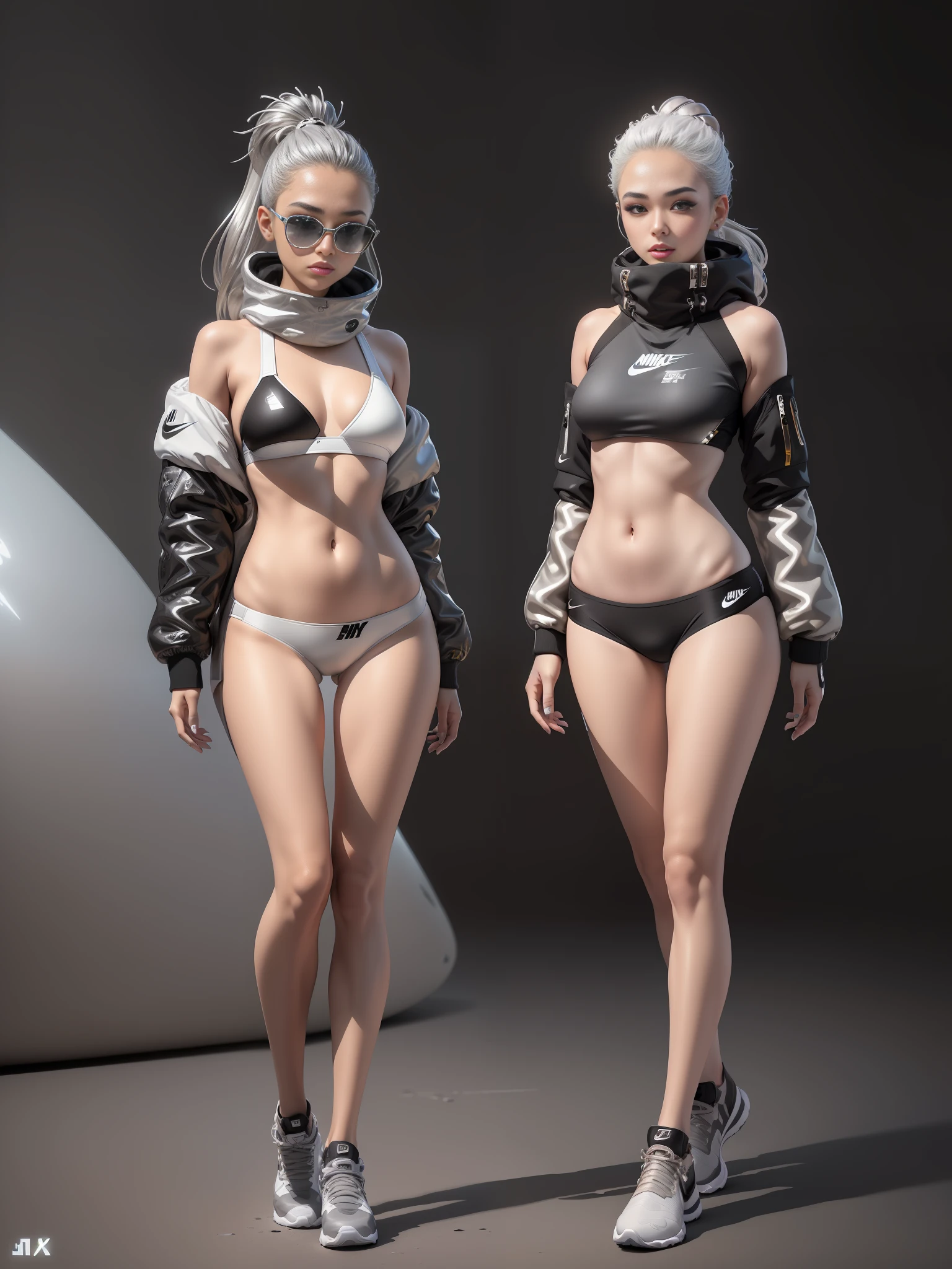 A stylish one-man design space background full of bubbles fluffy feeling spring and autumn bikini space background cyberpunk ((silver gray black :1.3)+(fashion:1.1)+(trendy:1.2)),(nike logo), (corona rendering),(space winter down jacket concept + concept art design): 1.3), (8K:1.3), (2:3 aspect ratio + warm color Q2), (750 pixels), ((fashion elements) :(1.1+ Spring and autumn bikinis blend with fashion elements)), (dynamic: 5) yellow accents