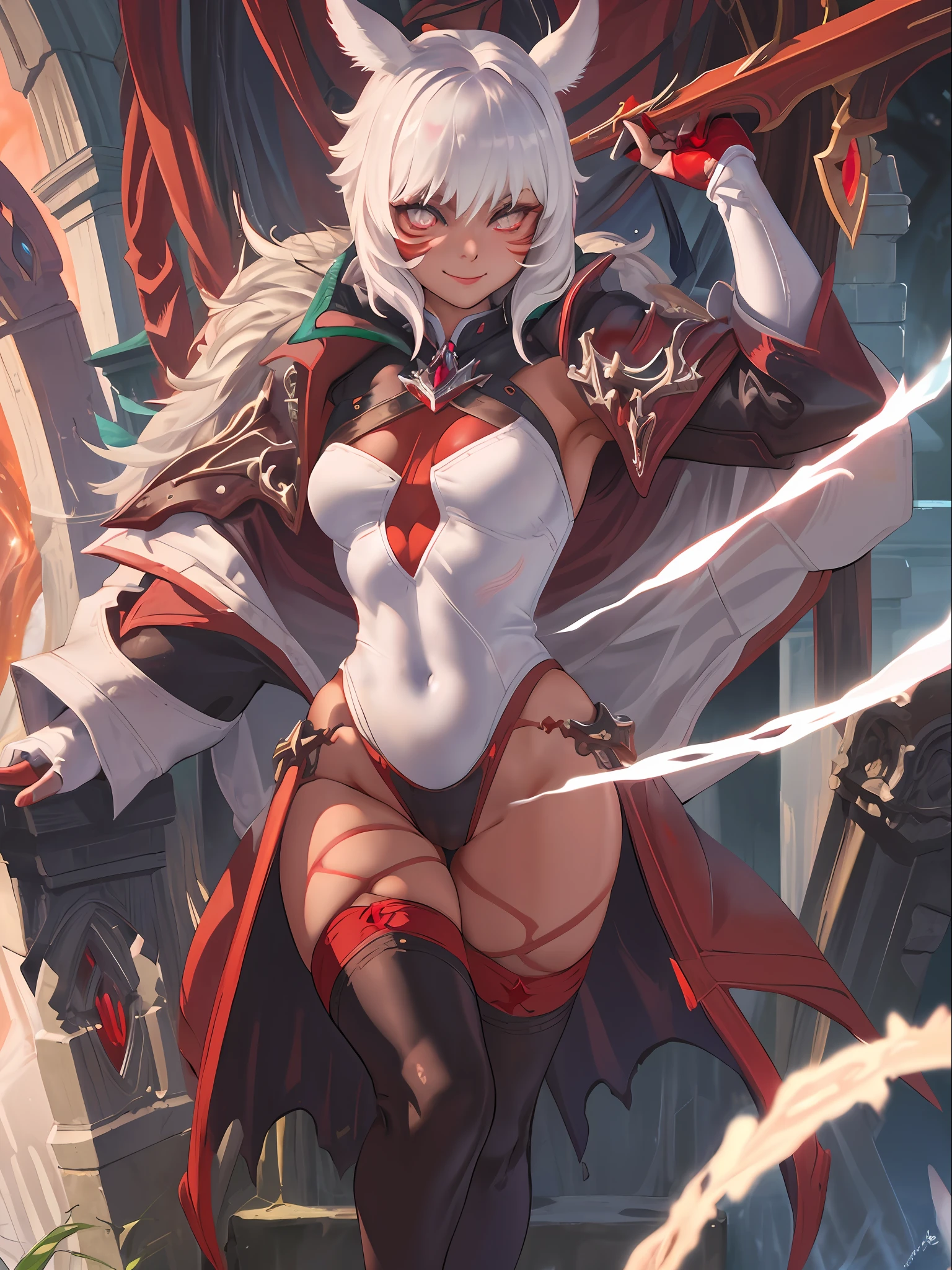 masterpiece, best quality, portrait of sally whitemane, 1girl, solo, red flaming eye, red eye trail, flaming eye, eye trail, red eye, wet, toned crossed legs, leotard, thighhighs, elbow gloves, runny makeup, pelvic curtain, sandistic smile, stone throne, cathedral, heels, alisaie, short hair