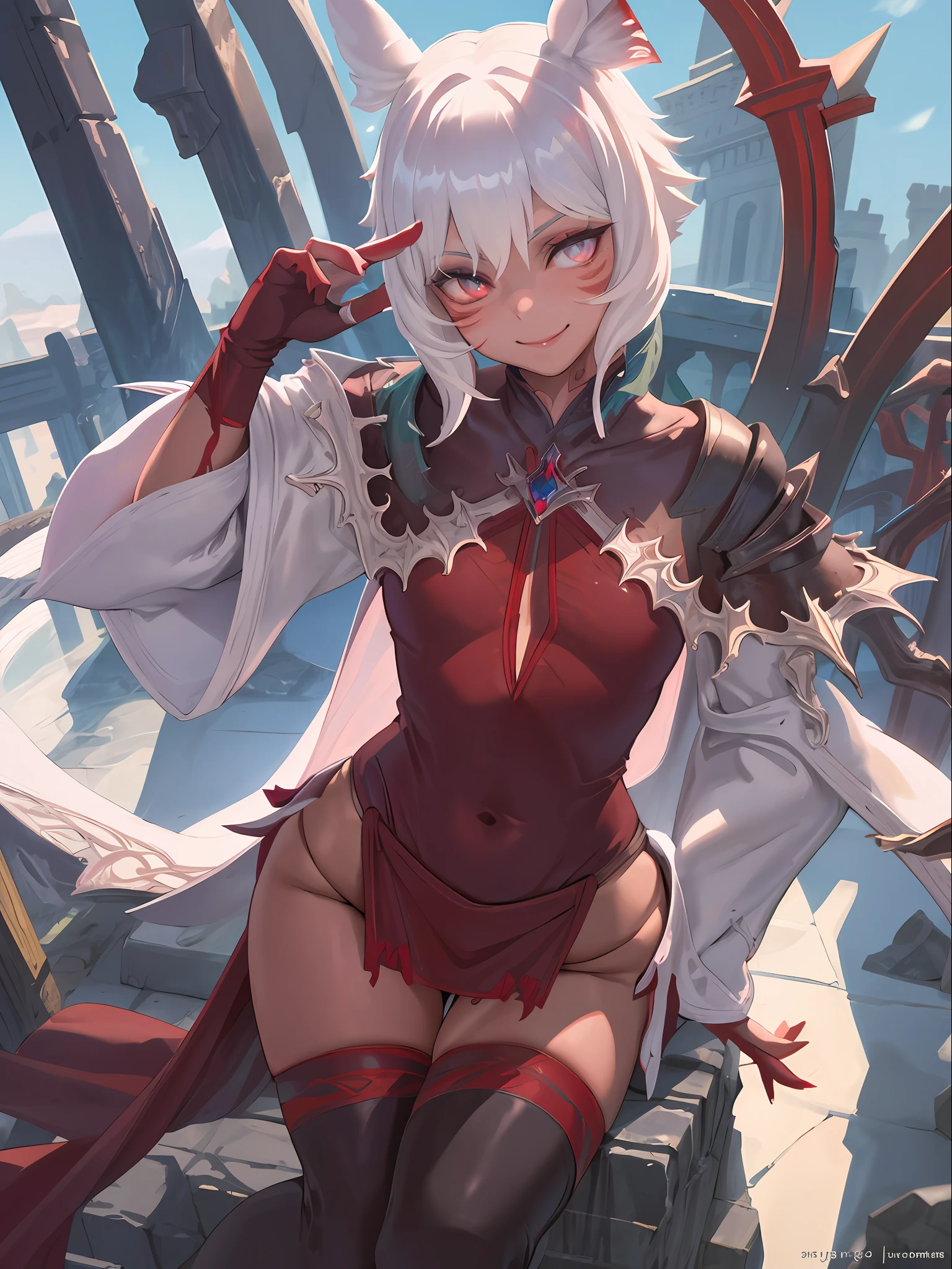 masterpiece, best quality, portrait of sally whitemane, 1girl, solo, red flaming eye, red eye trail, flaming eye, eye trail, red eye, wet, toned crossed legs, leotard, thighhighs, elbow gloves, runny makeup, pelvic curtain, sandistic smile, stone throne, cathedral, heels, alisaie, short hair