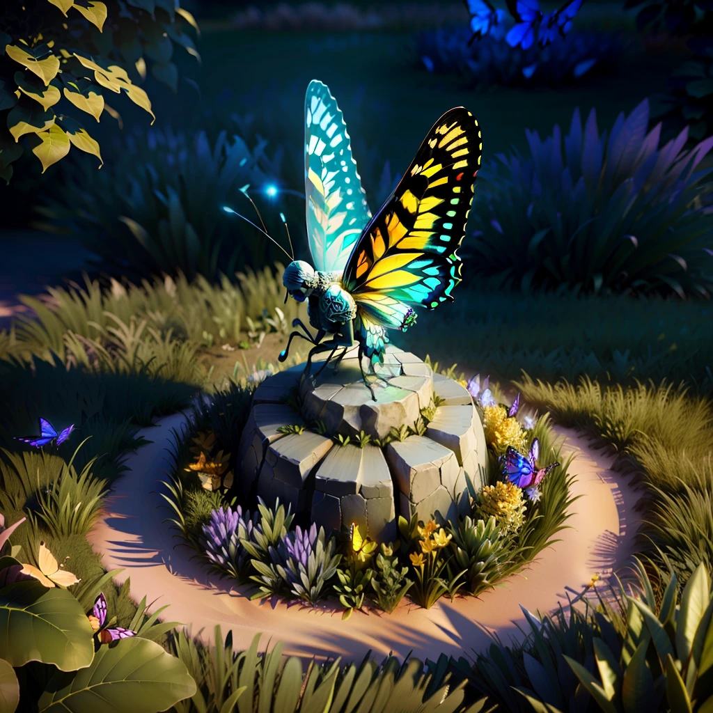 glowing butterfly sitting on a sand mound, detailed, around grass and earth, statue, in 3D