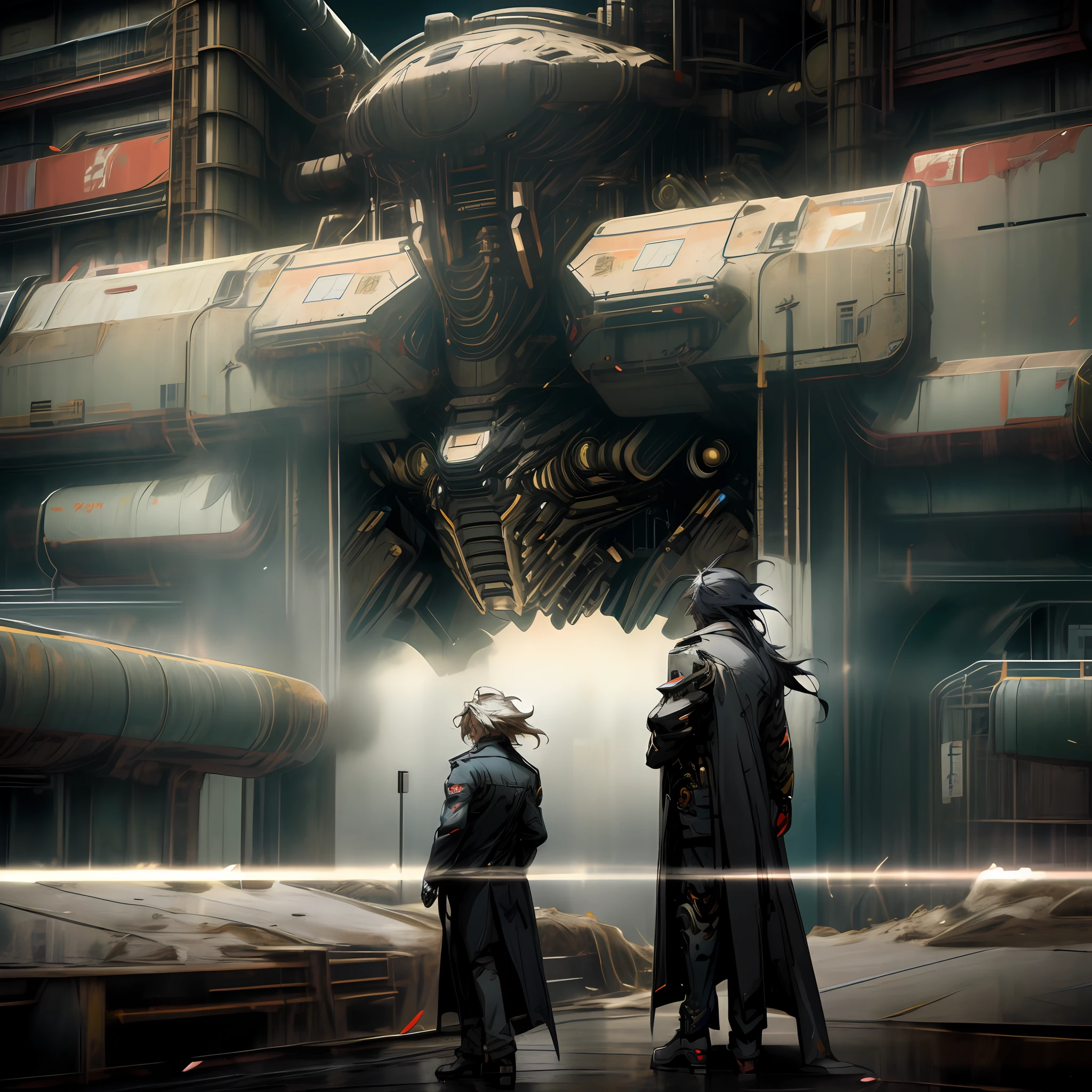 Anime character,1boy,solo,long messy unkept hair,wearing a trenchcoat,cyborg, mechanical body, city, realistic,mecha,8k,64k, HD, unparalleled masterpiece, dynamic lighting, cinematic, epic, highest quality digital art, Stunning art, wallpaper 4k, absolutely stunning art