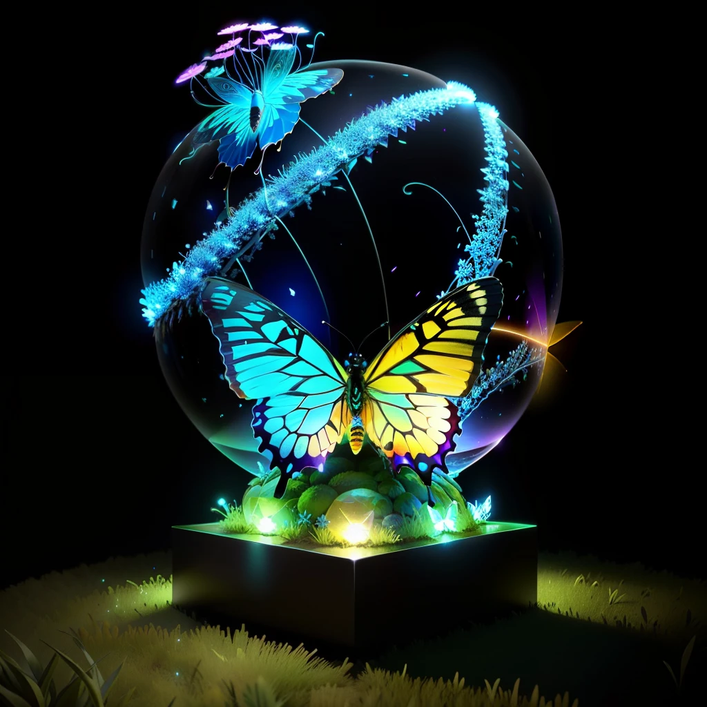 glowing butterfly sitting in a transparent neon sphere on an anthill, detailed, around grass and earth, statue, in 3D
