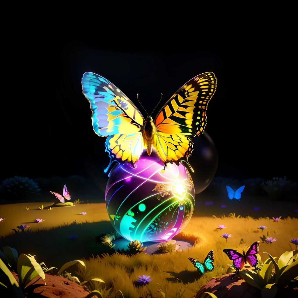 glowing butterfly sitting in a transparent neon sphere on an anthill, detailed, around grass and earth, statue, in 3D