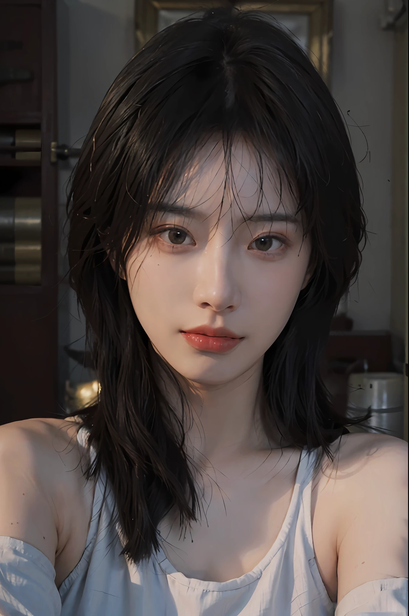 8K, Best Quality, Masterpiece, Ultra High Resolution, (Realism: 1.4), Original Photo, (Realistic Skin Texture: 1.3), (Film Grain: 1.3), (Selfie Angle), 1 Girl, Beautiful Eyes and Face Details, Masterpiece, Best Quality, Close-up, Upper Body, Looking at the Viewer
