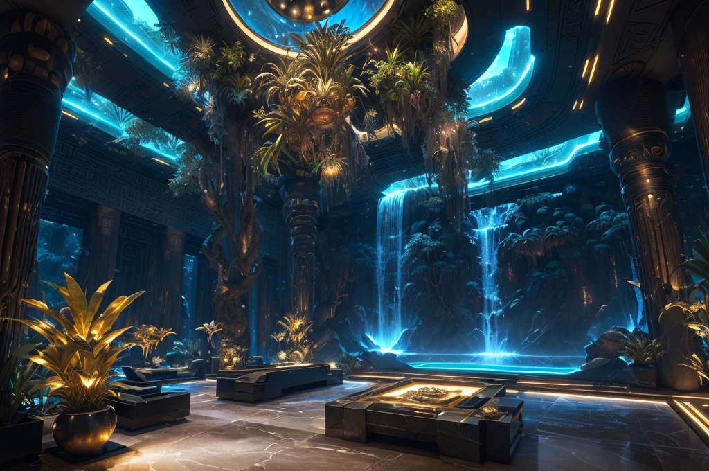 incredible luxurious futuristic interior in Ancient Egyptian style with many ((lush plants)) (lotus flowers), ((palm trees)), rocky walls, (sand), (waterfalls), (marble), ((precious minerals)), ((metals)), (gemstones), crystals, clouds and ((water)), (futuristic luxury furniture), crocodiles, ((hieroglyphics)), (((ultra luxury))), (black marble) – with ((beautiful lights)), Unreal Engine, HQ, 16k