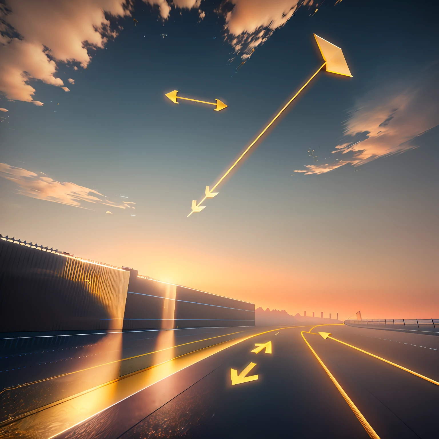 Many clocks, flying in sky, (((gold 3D arrow))), powerful acceleration, vibrant sky filled with clocks, A prominent arrow cuts through the sky, detailed, sharp, emphasize movement, 4K, photography, cinematic mood, Midjourney style