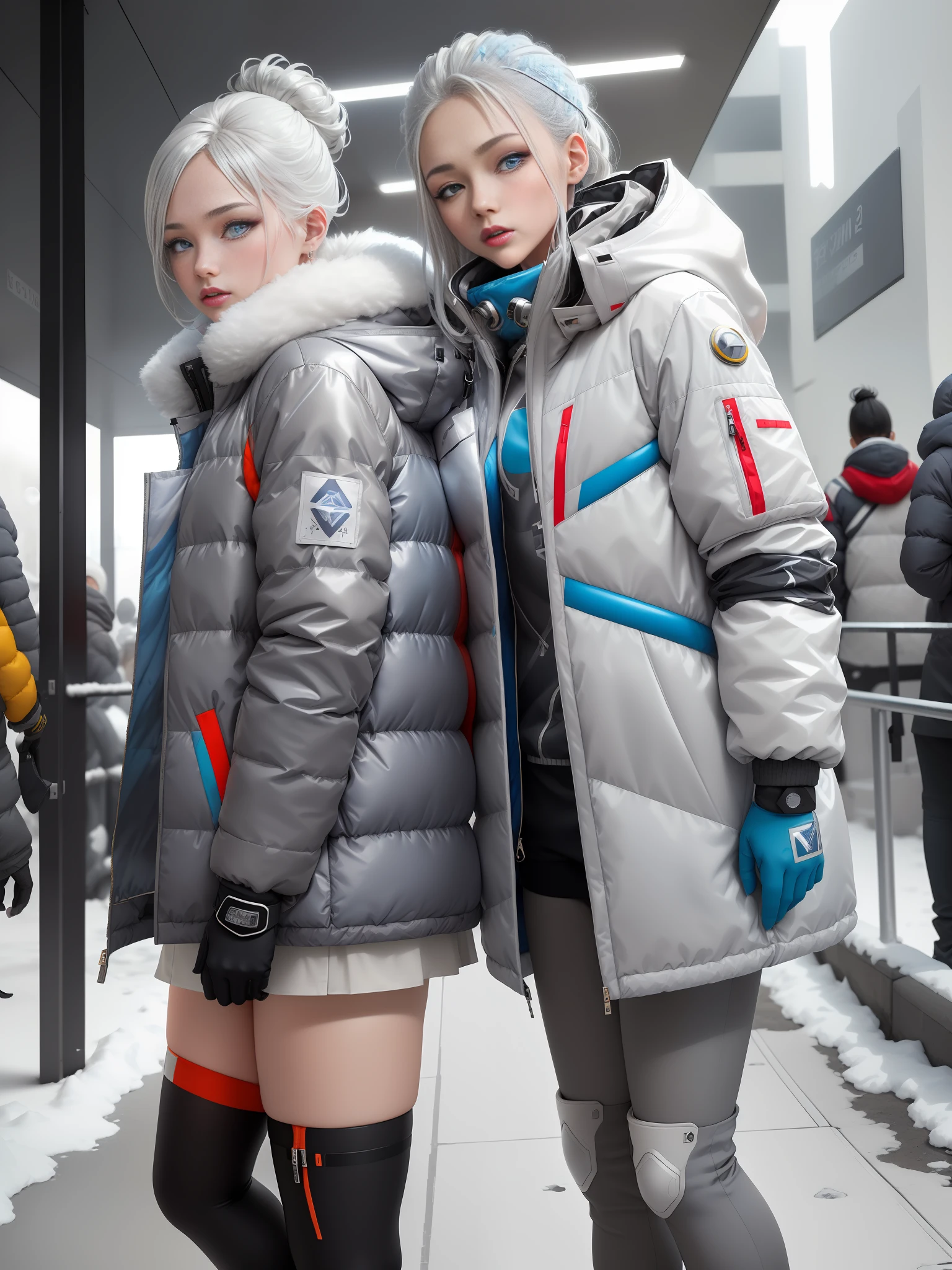 A stylish one-man spring and autumn down jacket design full of bubbles and fluffy feeling Cyberpunk ((silver gray white blue red :1.3) + (fashion: 1.1) + (trendy: 1.2)), (corona rendering), ((space winter down jacket concept + concept art design): 1.3), (8K: 1.3), (2:3 aspect ratio + warm color Q2), (750 pixels), ((fashion elements) :( 1.1 + spring and autumn down jacket silver gray white blue red blends with fashion elements )), (dynamic: 5) yellow accents