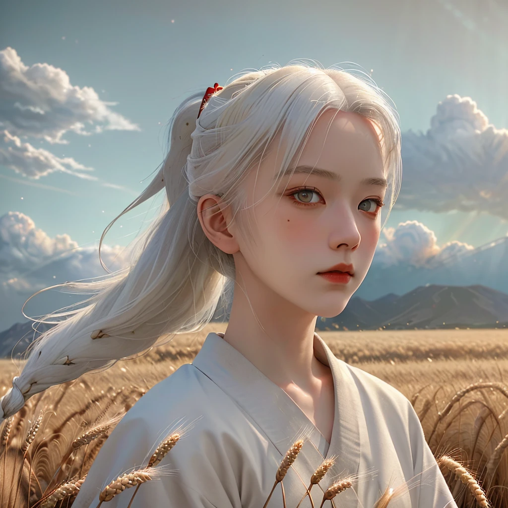 masterpiece, best quality, 1girl, portrait, white hair, ponytail, red eyes, samurai, wheat landscape, sun, clouds, (neutral colors), (hdr:1.4)
