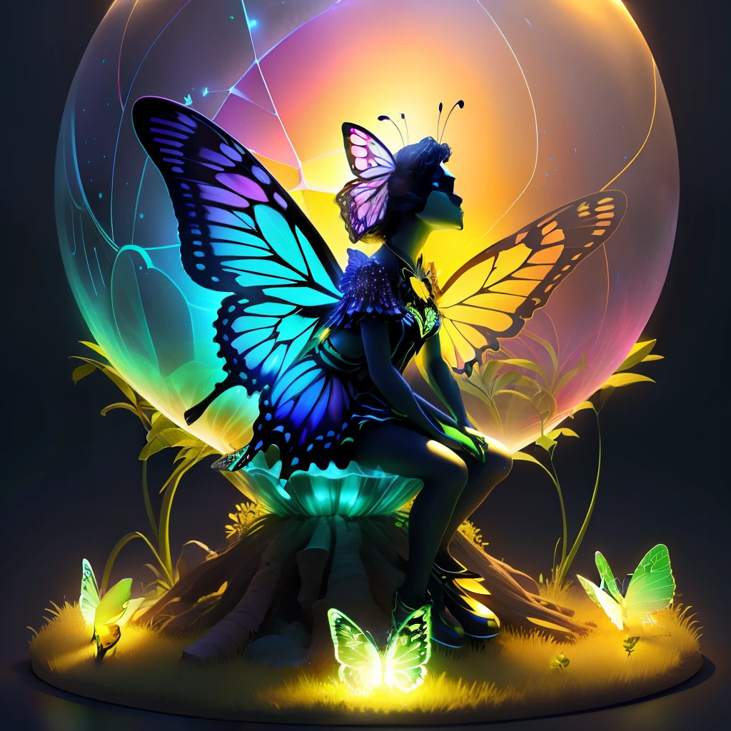 glowing butterfly sitting in a transparent neon sphere on an anthill, detailed, around grass and earth, statue, in 3D