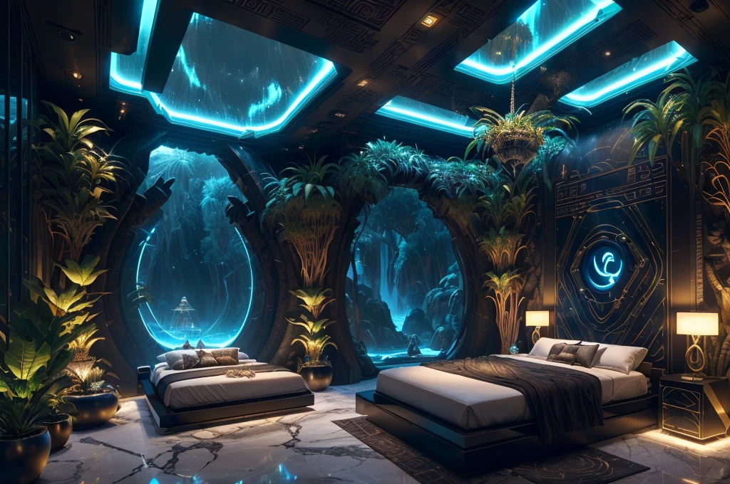 incredible luxurious futuristic bedroom interior in Ancient Egyptian style with many ((lush plants)) (lotus flowers), ((palm trees)), rocky walls, (sand), (waterfalls), (marble), ((precious minerals)), ((metals)), (gemstones), crystals, clouds and ((water)), (futuristic luxury furniture), crocodiles, ((hieroglyphics)), (((ultra luxury))), (black marble) – with ((beautiful lights)), Unreal Engine, HQ, 16k