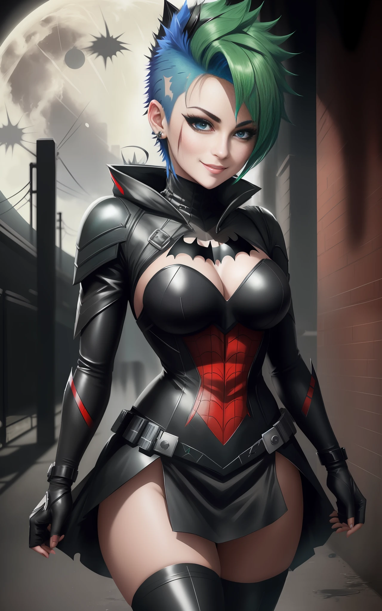 She is wearing a maid costume/Batman/Spiderman/Kamen Rider,the outfit is black with white parts/built-in weapons, the criminals are right behind her observing her movements, in the dark alley where she is located/night/full moon, she is fully alert, looking at the viewer, smiling, outfit/face/covered in blood, 1 woman with blue eyes and short green mohawk hair, Anime style, Max Masterpiece/resolution/quality/detail/sharpness, well-drawn, extremely beautiful, professional drawing