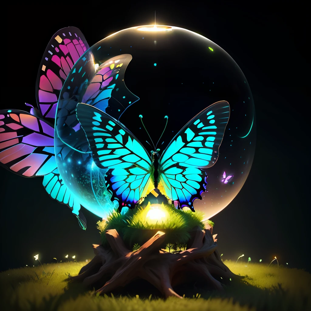 glowing butterfly sitting in a transparent neon sphere on an anthill, detailed, around grass and earth, statue, in 3D
