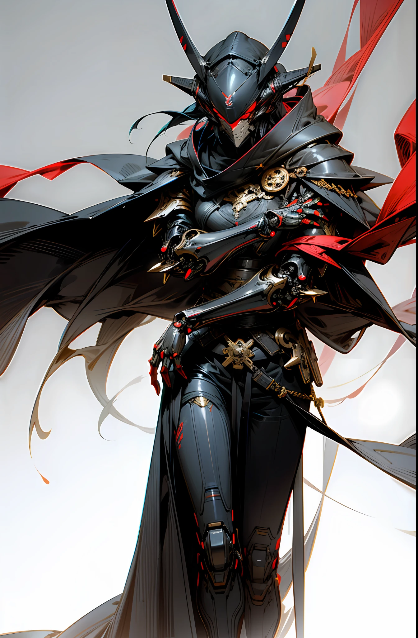 Dark_Fantasy,Cyberpunk,1manMechanical marvel,Robotic presence,Cybernetic guardian, samurai mechanical armour, katana on the waist, absolutely stunning art,wearing a black cloak, highest quality art, highest resolution, hyper detailed,black and red