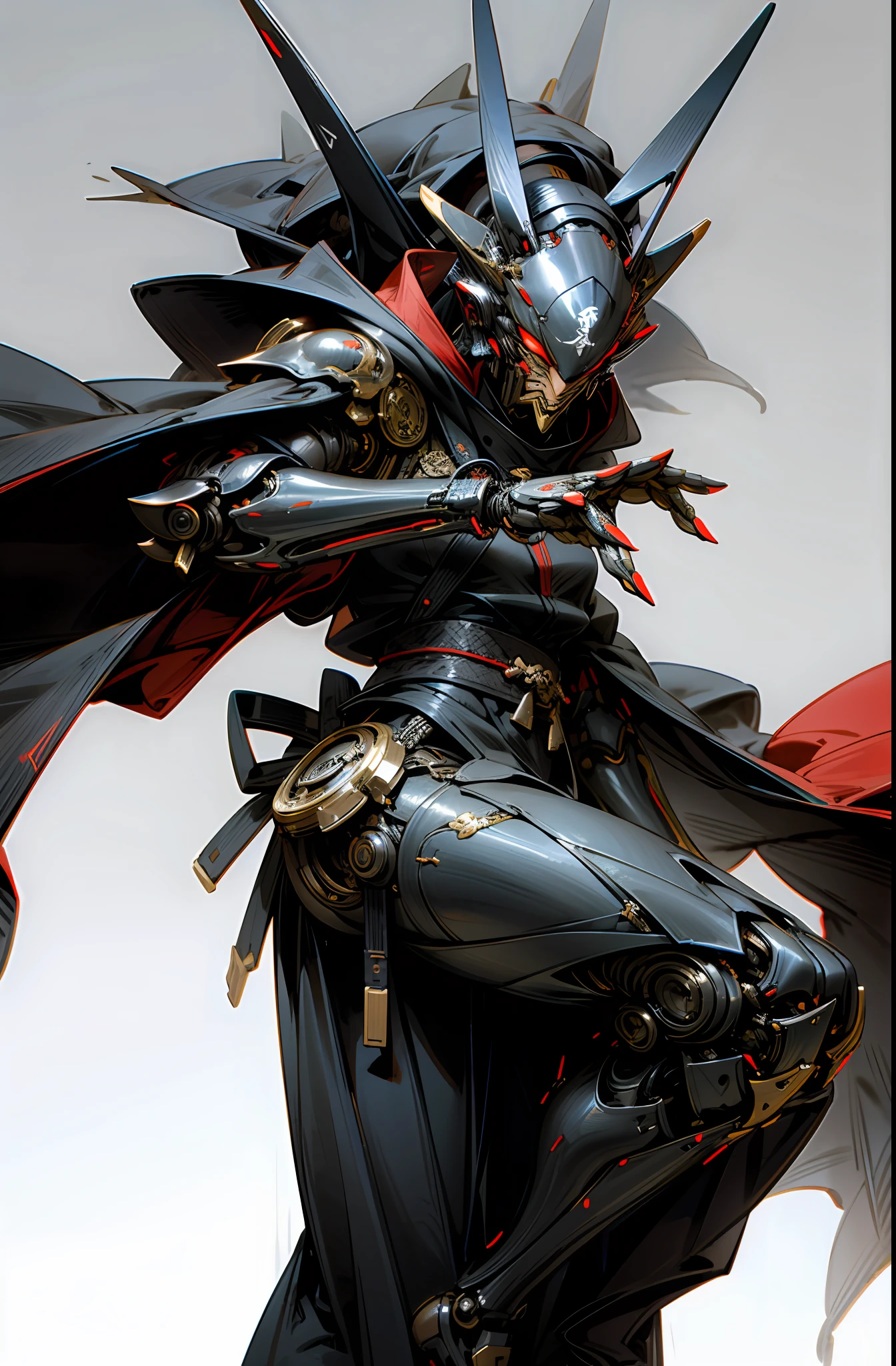 Dark_Fantasy,Cyberpunk,1manMechanical marvel,Robotic presence,Cybernetic guardian, samurai mechanical armour, katana on the waist, absolutely stunning art,wearing a black cloak, highest quality art, highest resolution, hyper detailed,black and red