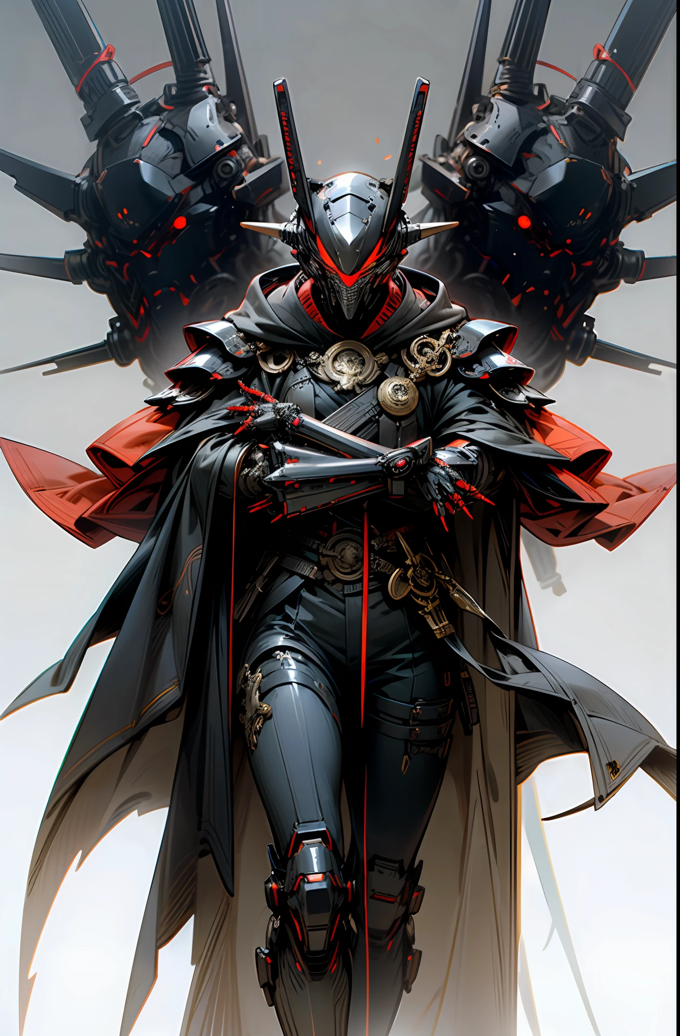 Dark_Fantasy,Cyberpunk,1manMechanical marvel,Robotic presence,Cybernetic guardian, samurai mechanical armour, katana on the waist, absolutely stunning art,wearing a black cloak, highest quality art, highest resolution, hyper detailed,black and red