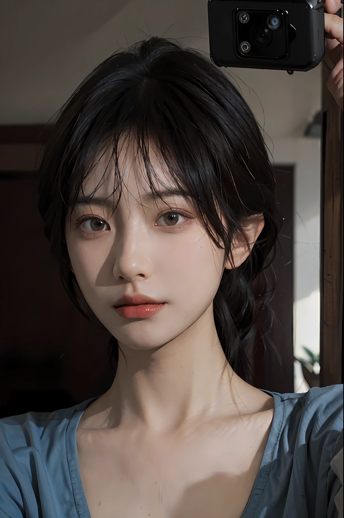 8K, Best Quality, Masterpiece, Ultra High Resolution, (Realism: 1.4), Original Photo, (Realistic Skin Texture: 1.3), (Film Grain: 1.3), (Selfie Angle), 1 Girl, Beautiful Eyes and Face Details, Masterpiece, Best Quality, Close-up, Upper Body, Looking at the Viewer