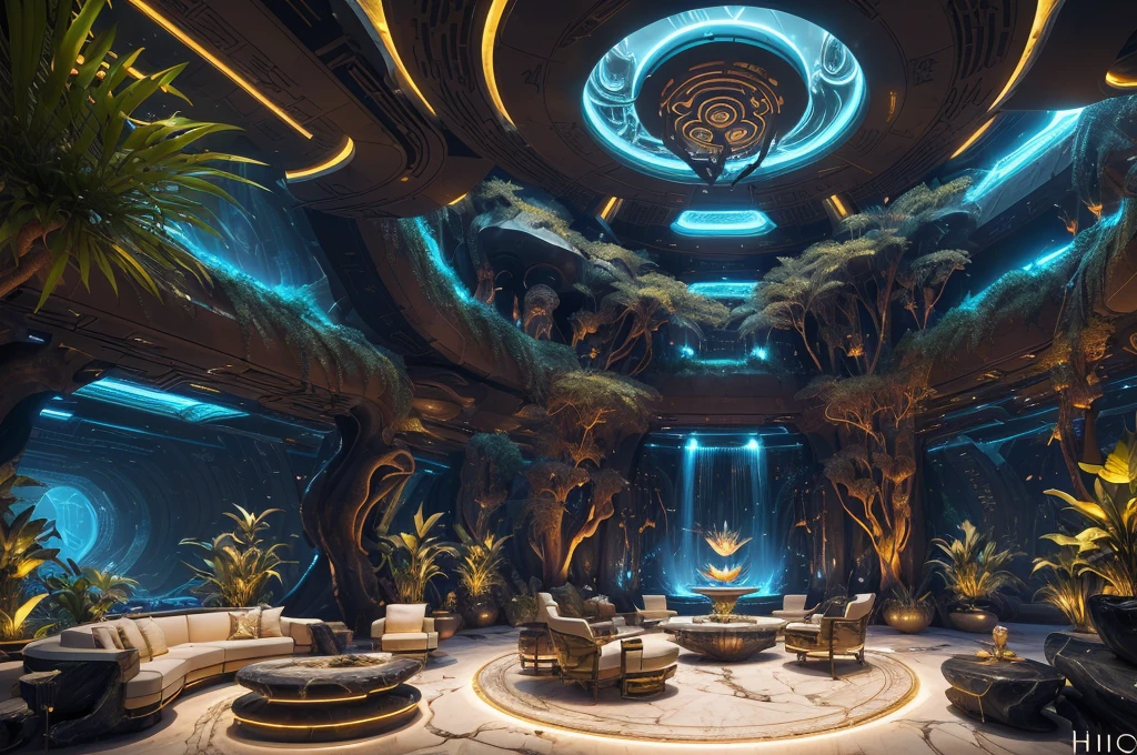incredible luxurious futuristic interior in Ancient Egyptian style with many ((lush plants)) (lotus flowers), ((palm trees)), rocky walls, (sand), (waterfalls), (marble), ((precious minerals)), ((metals)), (gemstones), crystals, clouds and ((water)), ((futuristic luxury furniture)), crocodiles, ((hieroglyphics)), (((ultra luxury))), (black marble) – with ((beautiful lights)), Unreal Engine, HQ, 16k