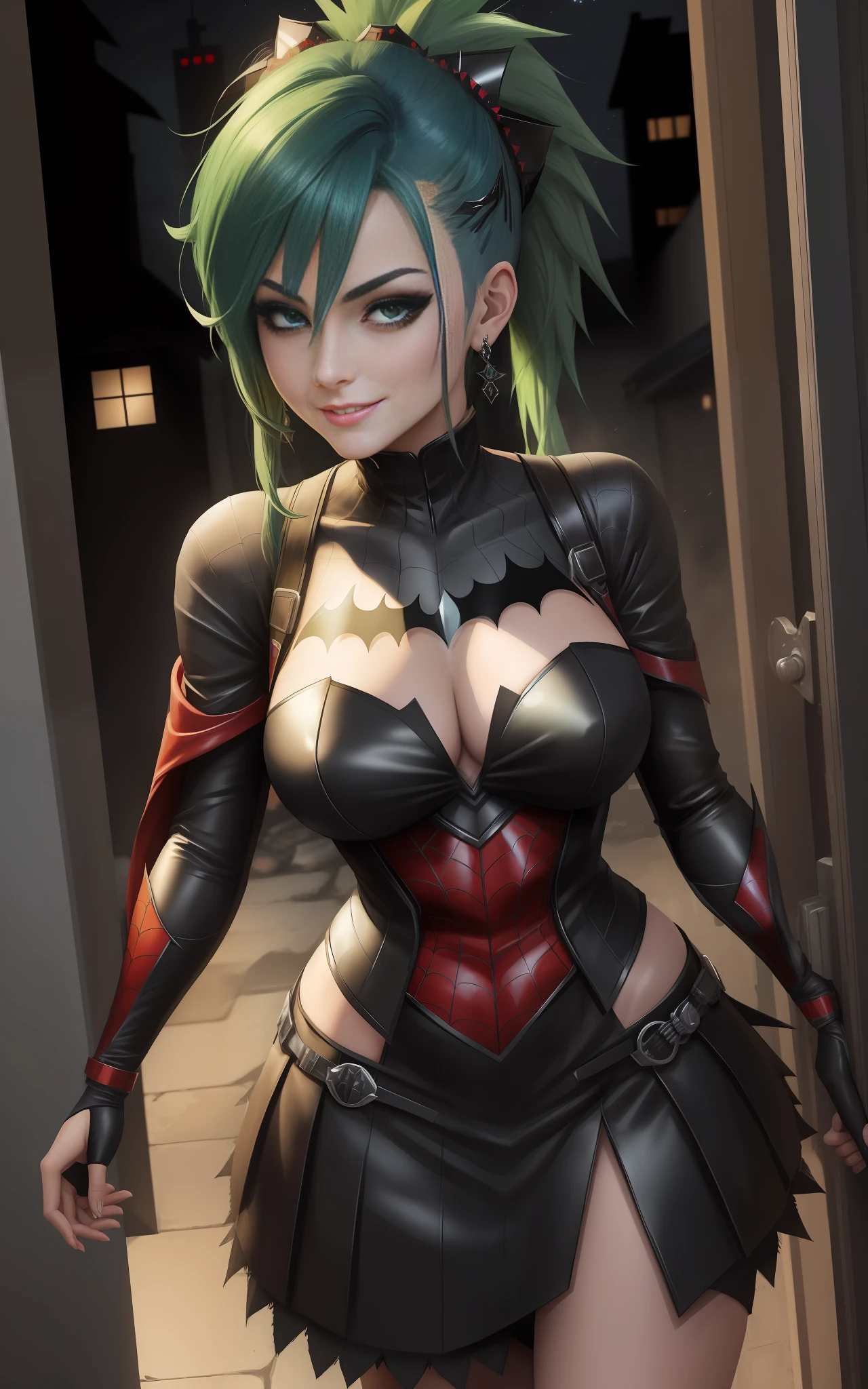 She's wearing maid/Batman/Spider-Man/Kamen Rider costume, the costume is black with blank parts/built-in weapons, several thugs are watching her inside the houses that are inside the dark alley she's in/night/full moon, she's completely attentive, looking at the viewer, smiling, costume/face/full of blood,  1woman/mohawk green hair/blue eyes, Anime Style, Max masterpiece/resolution/quality/detail/sharpness, well designed, extremely beautiful, professional drawing.
