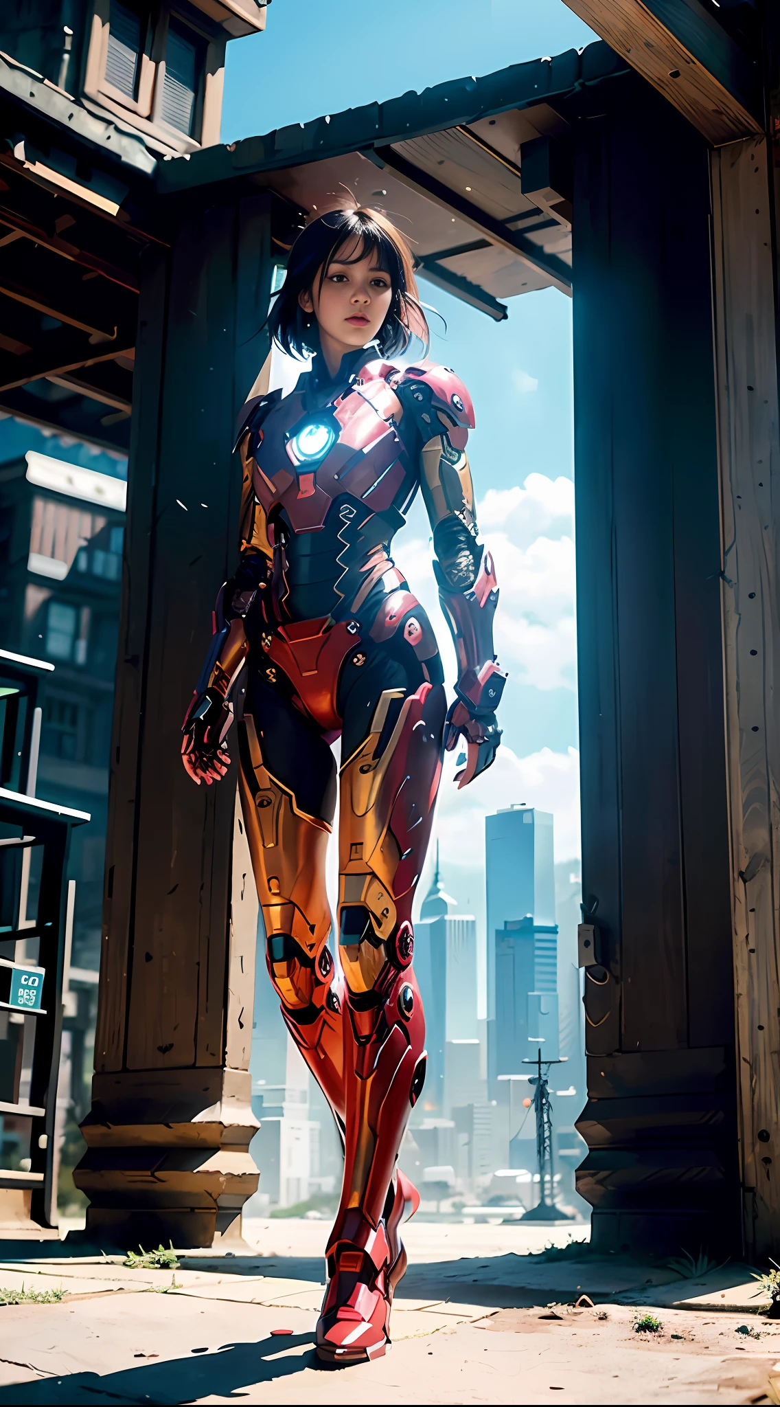 araffed woman in a suit of iron man standing in front of a building, iron man, like ironman, cyberpunk iron man, ironman, hq 4k wallpaper, emma watson as iron man, cinematic body shot, cinematic full body shot, hero pose colorful city lighting, marvel style, covered in full metal armor, hq 4k phone wallpaper