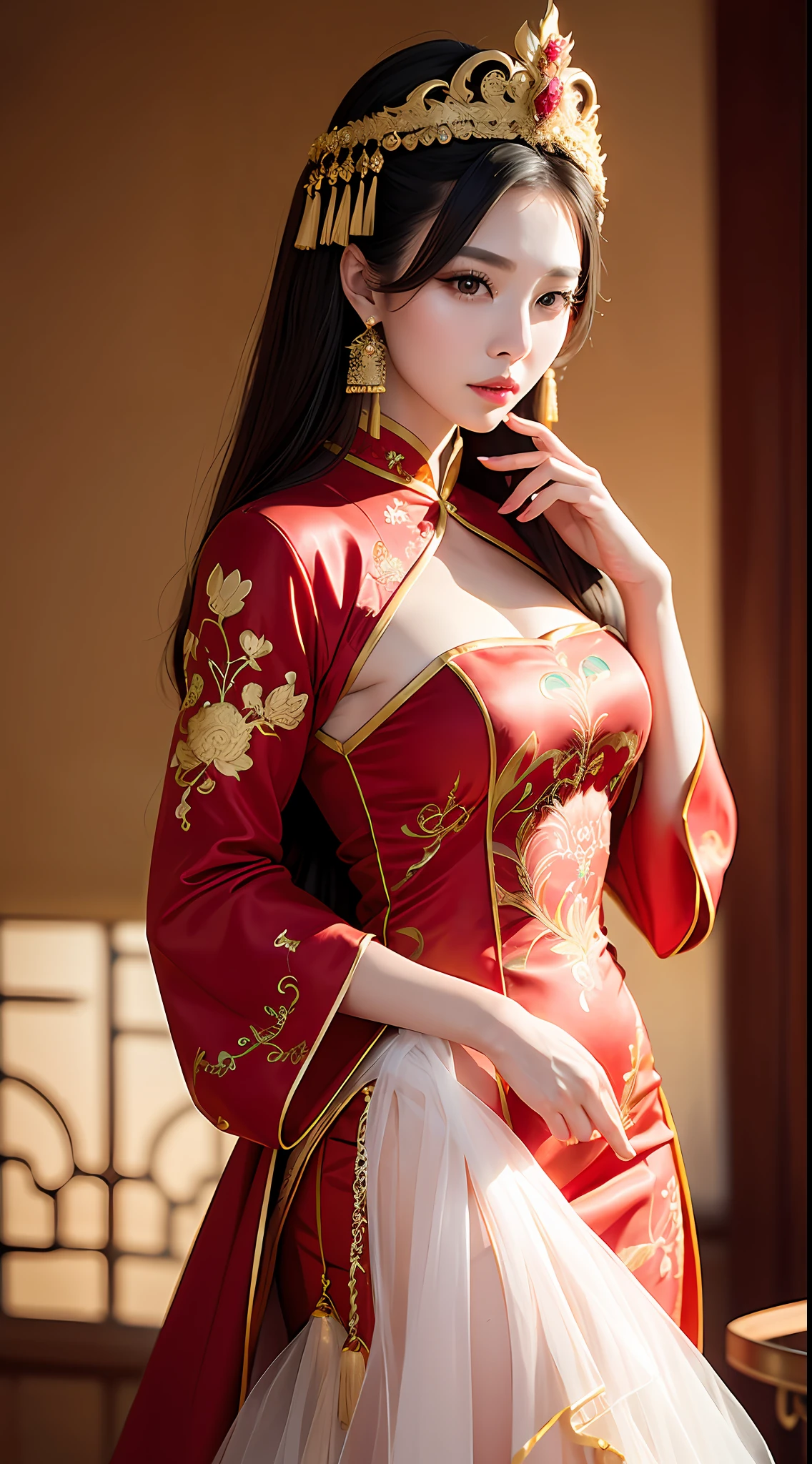 (8k, RAW Photo, Best Quality, Masterpiece: 1.2), (Realistic, Realistic: 1.37), 1 Girl, Aalfi Woman Posing for Photo in Red Dress and Headdress, Gorgeous Role Play, Beautiful Costume, Complex Fantasy Dress, Beautiful Fantasy Queen, Chinese Dress, Complex Dress, Complex Costume, Traditional Beauty, Gorgeous Chinese Model, Chinese Costume, Inspired by Lan Ying, Wearing Gorgeous Costume, Inspired by Puhua, wearing elegant Chinese Xiuhe dress, Chinese wedding dress, Phoenix crown Xia hand, antique bride, show he