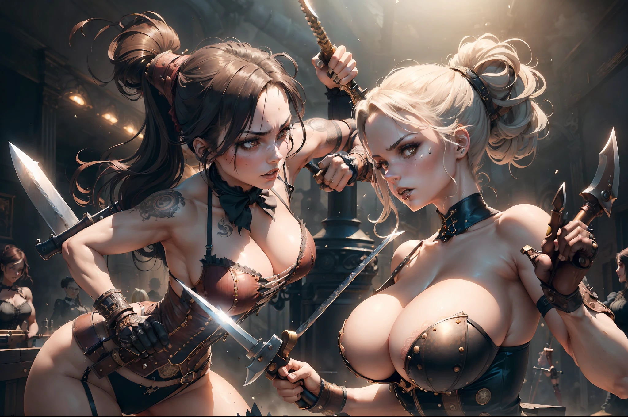 (((two sexy girls fighting each other with weapons))),victorian steampunk theme, victorian steampunk style(((best quality))), (((ultra detailed))), (((masterpiece))), illustration,2girl fighting, perfect face, volumetric lighting,steampunk theme,,translucent Skin, HALFTONE,cloud,LIGHT_PARTICLES,