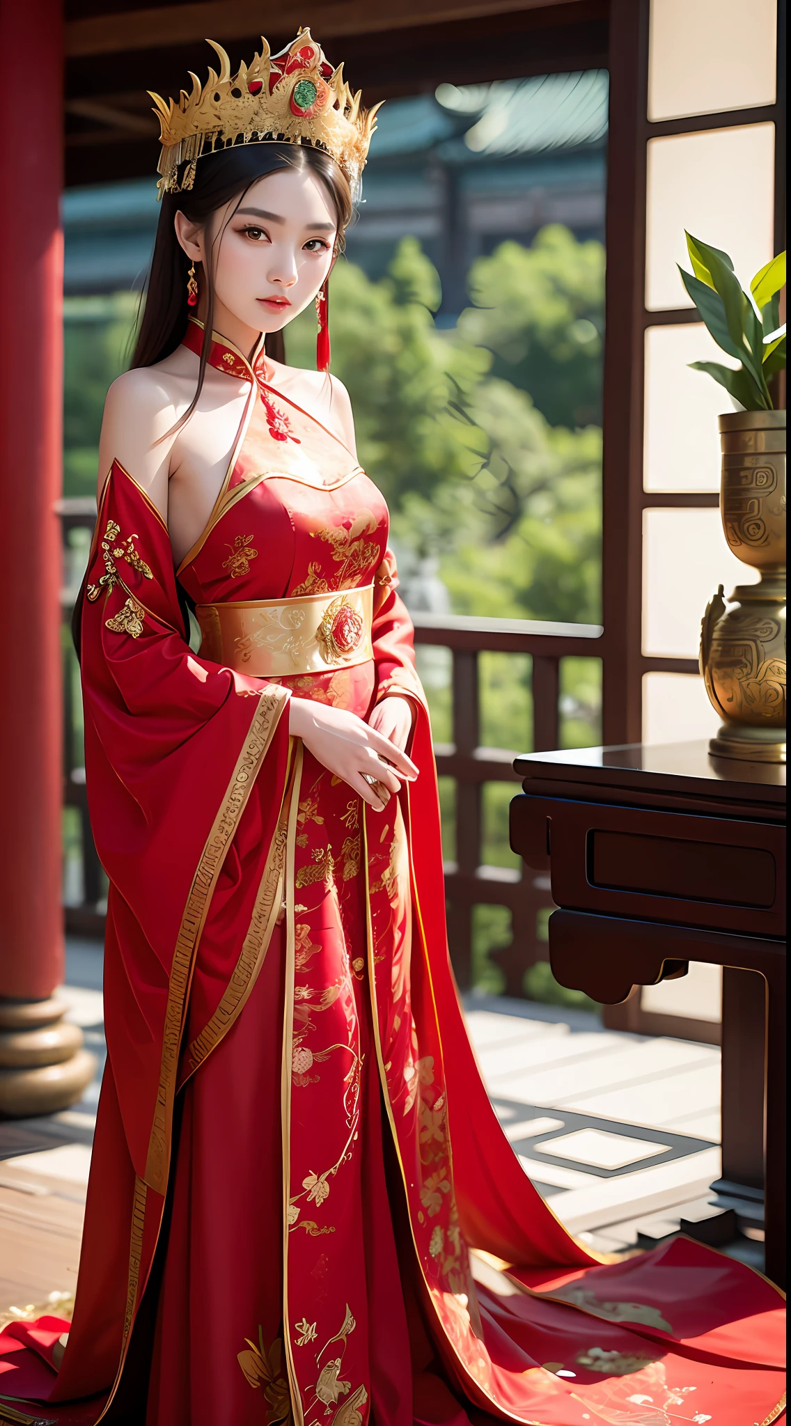 (8k, RAW Photo, Best Quality, Masterpiece: 1.2), (Realistic, Realistic: 1.37), 1 Girl, Aalfi Woman Posing for Photo in Red Dress and Headdress, Gorgeous Role Play, Beautiful Costume, Complex Fantasy Dress, Beautiful Fantasy Queen, Chinese Dress, Complex Dress, Complex Costume, Traditional Beauty, Gorgeous Chinese Model, Chinese Costume, Inspired by Lan Ying, Wearing Gorgeous Costume, Inspired by Puhua, wearing elegant Chinese Xiuhe dress, Chinese wedding dress, Phoenix crown Xia hand, antique bride, show he