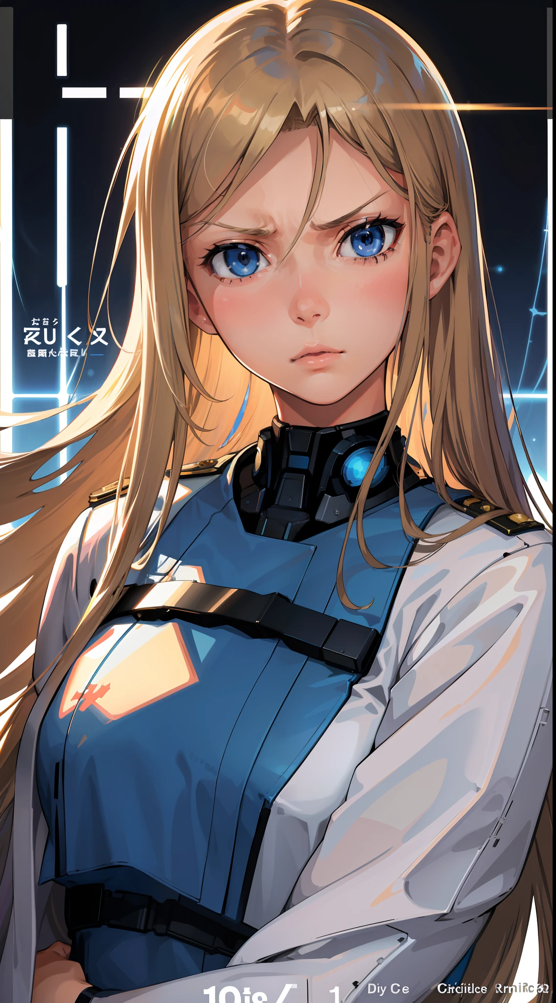 Trailer Cover,Realistic,White Air Force Uniform,(Realistic Face Resolution),Posing Cinematic,Adult,Skinny,Small,(1 Woman with Dark Blonde Long Hair,Blue Eyes),Serious Face,Science Fiction,Sci-fi,Different Characters