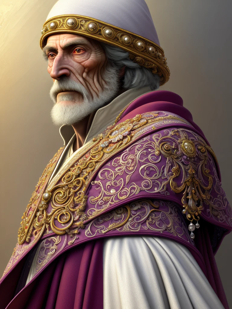 Solo, a low, tall Caucasian old man (high cheekbones, gray eyebrows, deep eye sockets, few wrinkles, small gray goatee, wearing purple and white mage robes, draped in a dark red cloak, wearing a pope's ornate hat, holding a golden staff), background (ornate palace fantasy, intricate, elegant, highly detailed, digital painting, art station, concept art, soft, clear focus, illustration, artwork by Gaston Bussiere and Alphonse Muya, panorama, UHD, masterpiece, ccurate, textured skin, super detail, high details, high quality, highres, best quality, award winning, 8k