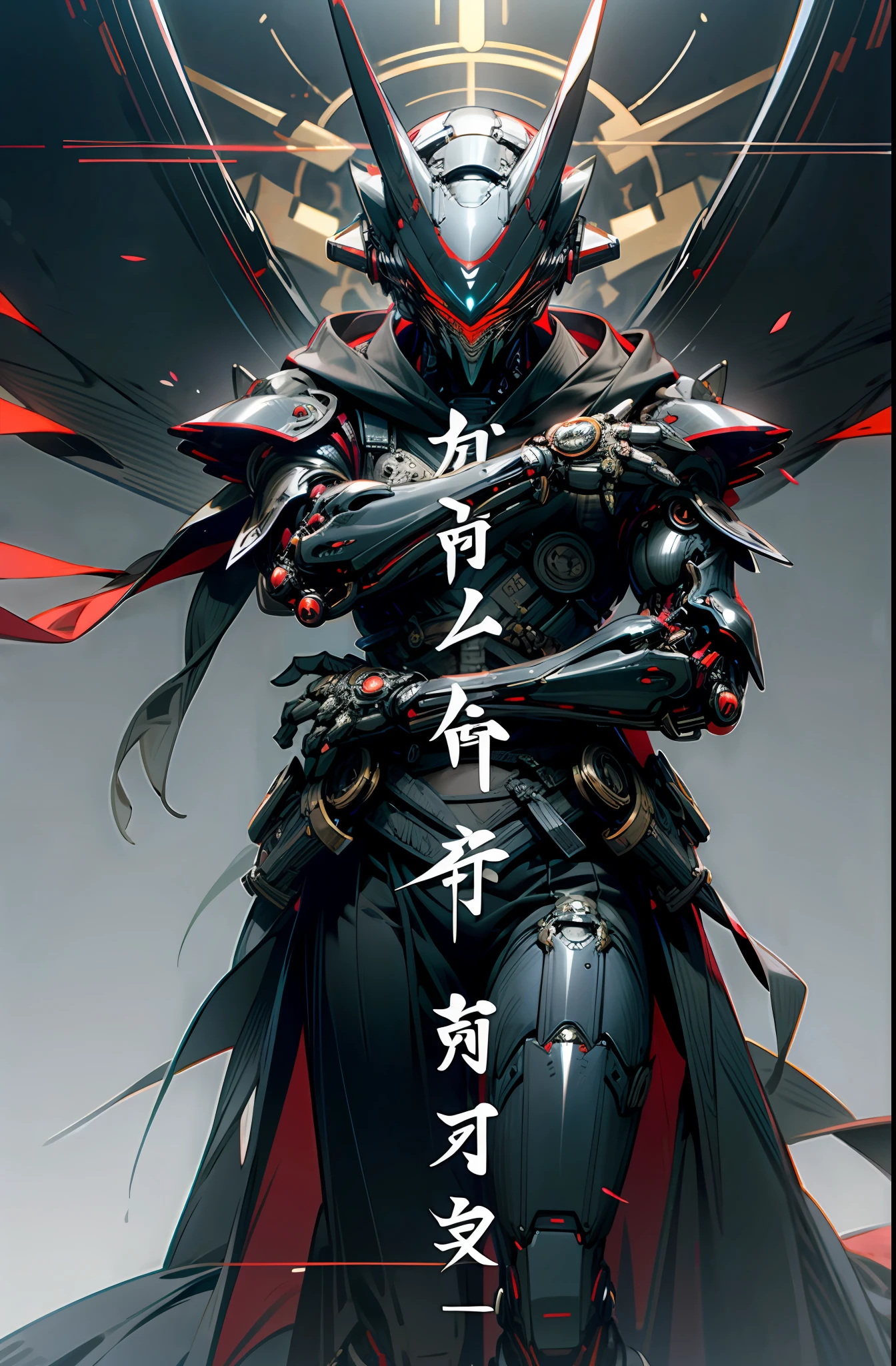Dark_Fantasy,Cyberpunk,1manMechanical marvel,Robotic presence,Cybernetic guardian, samurai mechanical armour, katana on the waist, absolutely stunning art,wearing a black cloak, highest quality art, highest resolution, hyper detailed,black and red, futuristic, samurai robot, atmospheric,8k,64k, HD, unparalleled masterpiece, dynamic lighting, cinematic, epic