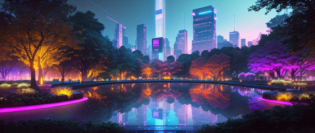 Imagine Central Park, New York as a scene from a cyberpunk dystopia. The park's natural elements are replaced with high-tech, bio-engineered flora that emit neon light. The pathways are illuminated with embedded LED lines, guiding the way through the park. The surrounding buildings are towering structures of steel and glass, adorned with holographic advertisements. The style should be inspired by the video game "Cyberpunk 2077", with a gritty, futuristic aesthetic. The lighting should be low and atmospheric, with the neon lights providing most of the illumination. The color scheme should be dark and moody, with vibrant neon colors breaking the monotony. Use a high-resolution 16k camera and a wide-angle lens to capture the vastness of the park, and a high aperture to keep everything in focus. The shot should be taken from a bird's eye view, showcasing the geometric layout of the park amidst the chaotic cityscape