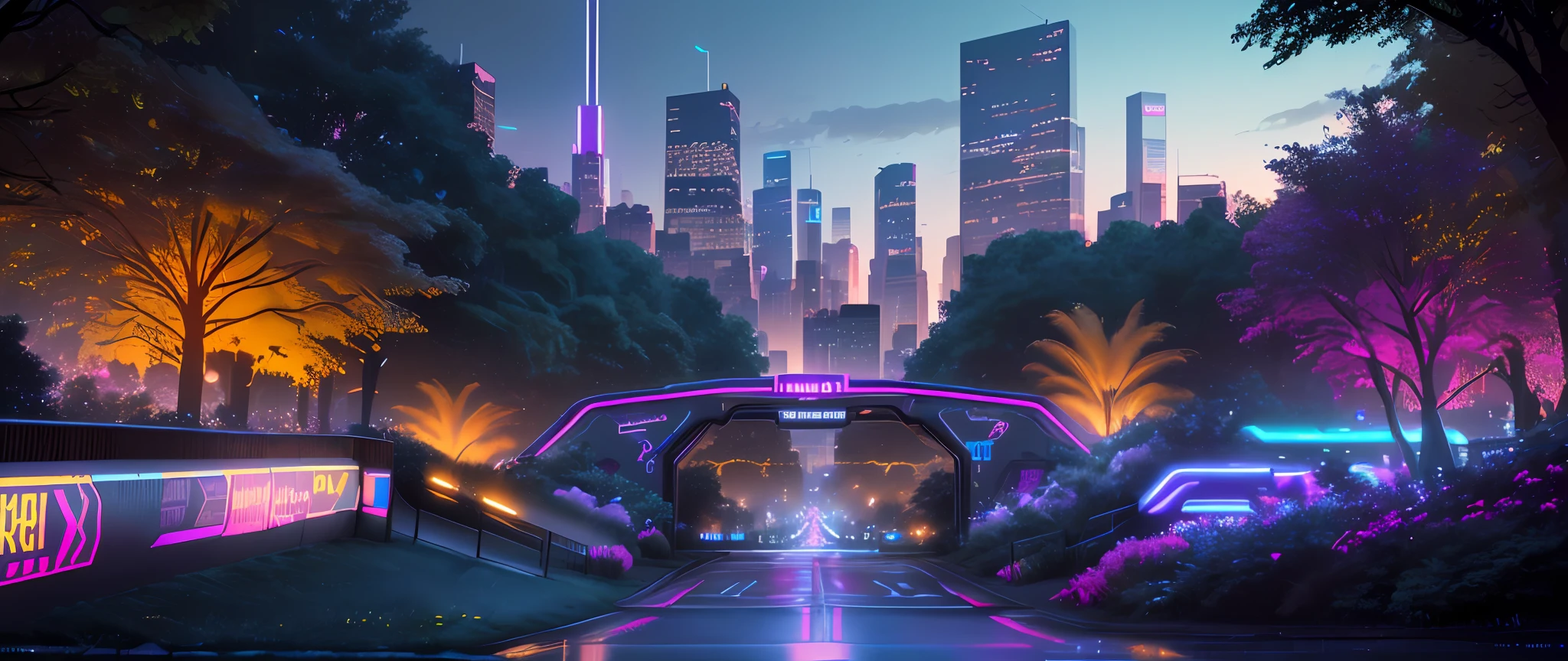 Imagine Central Park, New York as a scene from a cyberpunk dystopia. The park's natural elements are replaced with high-tech, bio-engineered flora that emit neon light. The pathways are illuminated with embedded LED lines, guiding the way through the park. The surrounding buildings are towering structures of steel and glass, adorned with holographic advertisements. The style should be inspired by the video game "Cyberpunk 2077", with a gritty, futuristic aesthetic. The lighting should be low and atmospheric, with the neon lights providing most of the illumination. The color scheme should be dark and moody, with vibrant neon colors breaking the monotony. Use a high-resolution 16k camera and a wide-angle lens to capture the vastness of the park, and a high aperture to keep everything in focus. The shot should be taken from a bird's eye view, showcasing the geometric layout of the park amidst the chaotic cityscape