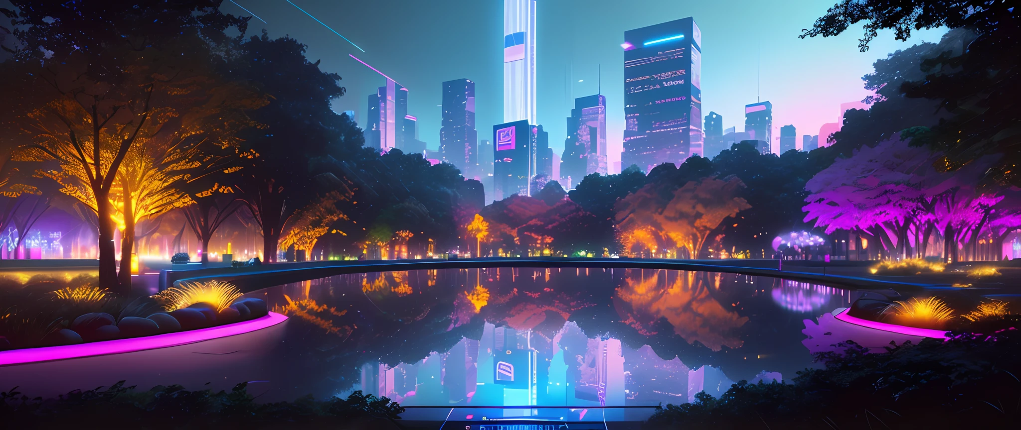 Imagine Central Park, New York as a scene from a cyberpunk dystopia. The park's natural elements are replaced with high-tech, bio-engineered flora that emit neon light. The pathways are illuminated with embedded LED lines, guiding the way through the park. The surrounding buildings are towering structures of steel and glass, adorned with holographic advertisements. The style should be inspired by the video game "Cyberpunk 2077", with a gritty, futuristic aesthetic. The lighting should be low and atmospheric, with the neon lights providing most of the illumination. The color scheme should be dark and moody, with vibrant neon colors breaking the monotony. Use a high-resolution 16k camera and a wide-angle lens to capture the vastness of the park, and a high aperture to keep everything in focus. The shot should be taken from a bird's eye view, showcasing the geometric layout of the park amidst the chaotic cityscape