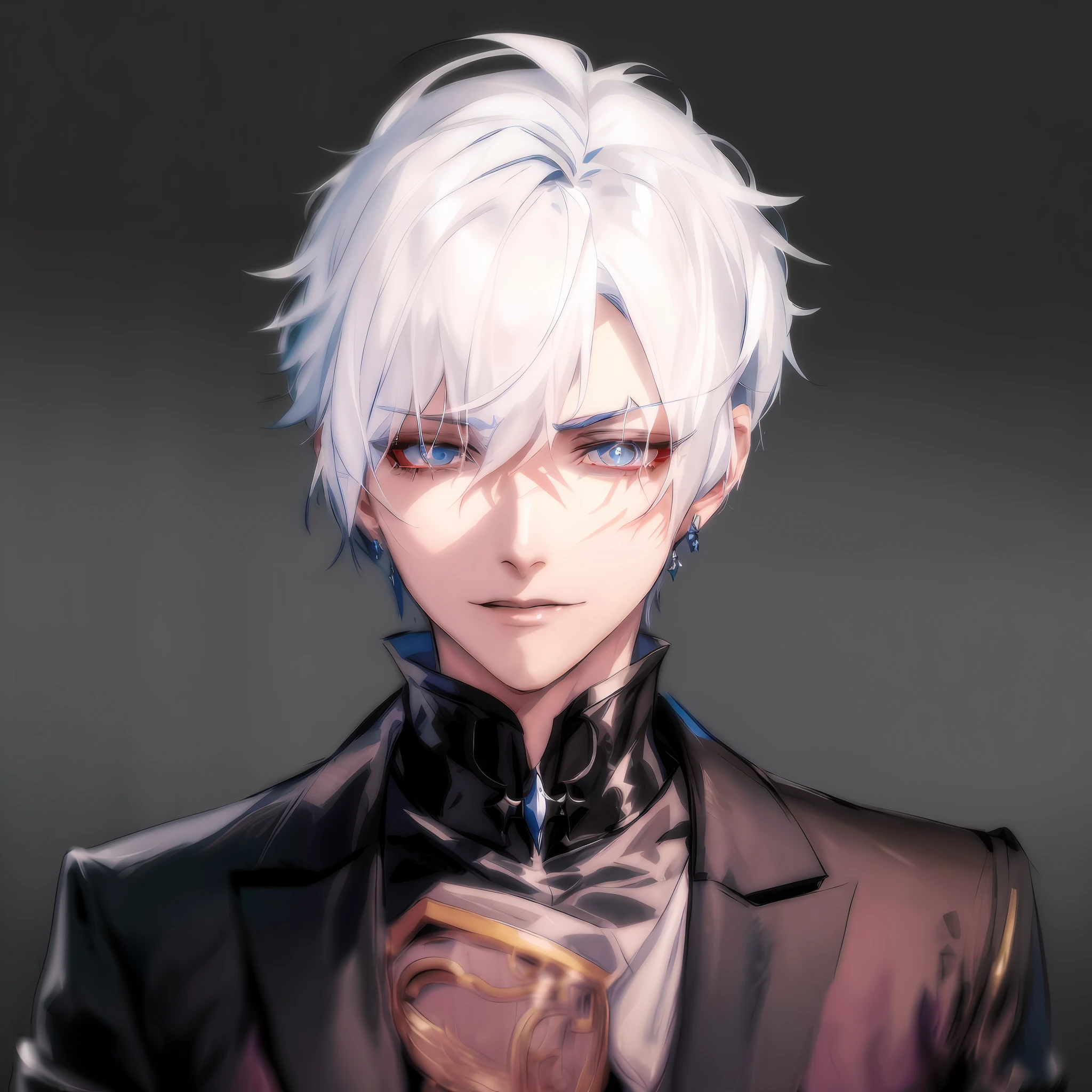 anime boy with white hair and blue eyes wearing a black jacket, delicate androgynous prince, beautiful androgynous prince, highly detailed exquisite fanart, white haired, handsome guy in demon slayer art, detailed anime character art, male anime character, he has dark grey hairs, white-haired, guweiz on pixiv artstation, high quality portrait