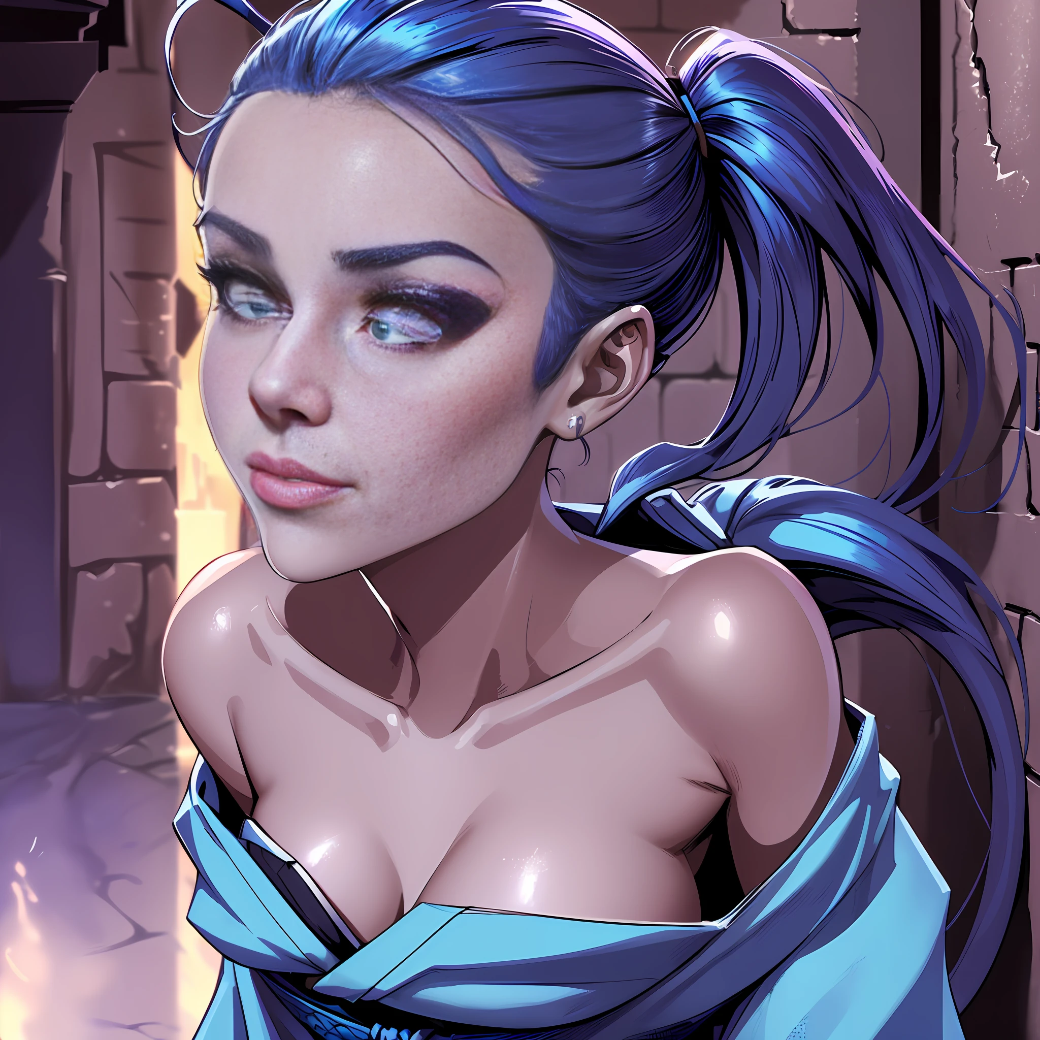 portrait, close up, young female fantasy mage, twin tails, jinxlol, wearing blue robes, highly detailed skin, looking at the viewer, town, alley, dark alley, closed mouth,