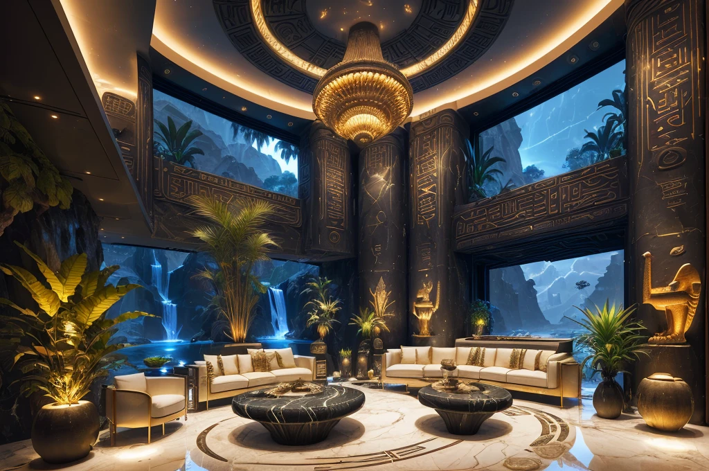 incredible luxurious futuristic living room interior in Ancient Egyptian style with many ((lush plants)) (lotus flowers), ((palm trees)), rocky walls, (sand), (waterfalls), (marble), ((precious minerals)), ((metals)), (gemstones), crystals, clouds and ((water)), curvy futuristic furniture, crocodiles, ((hieroglyphics)), (((ultra luxury))), (black marble) – with ((beautiful lights)), Unreal Engine, HQ, 16k