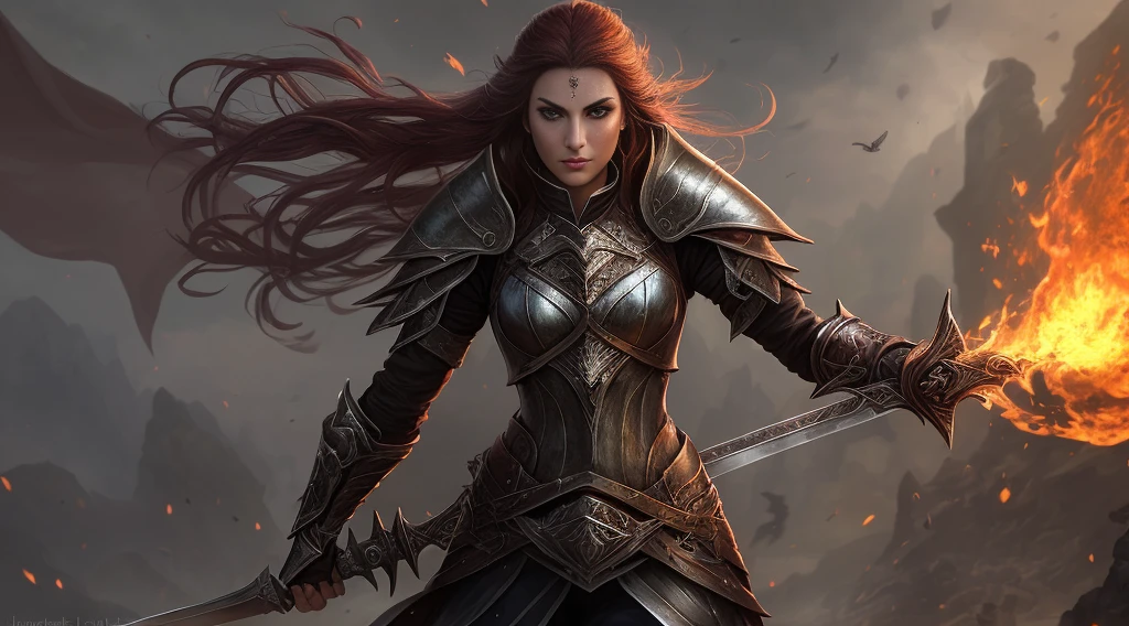 arafed woman in armor holding a sword and fire, beautiful female assassin, female assassin, epic fantasy digital art style, fantasy paladin woman, epic fantasy art style, epic fantasy style art, female vampire warrior, fantasy warrior, beautiful female warrior, female warrior, epic fantasy character art, epic fantasy style, female mage, fantasy character photo, a fantasy warrior