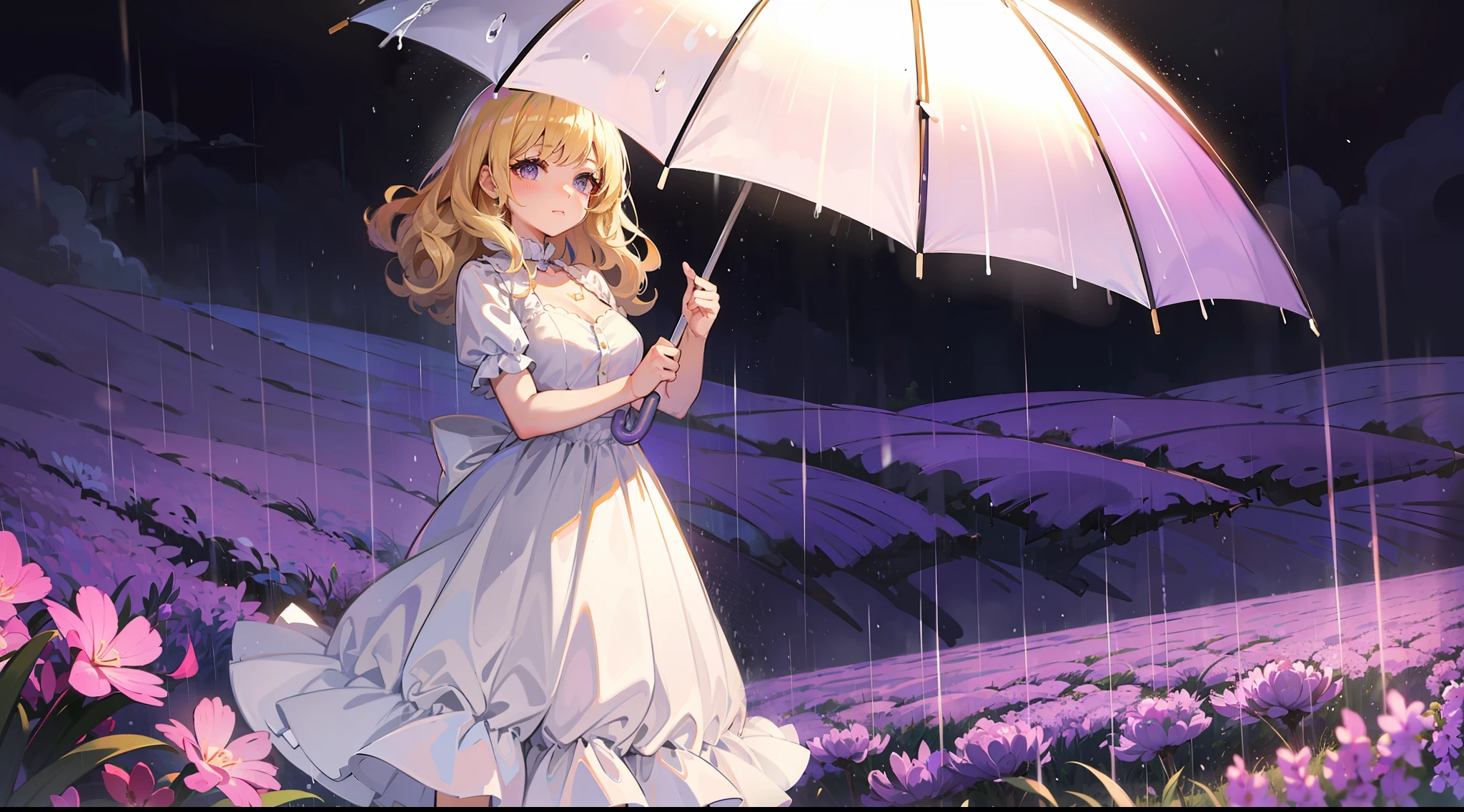 1girl, solo, blonde hair, curly hair, lush dress, standing, lavender field, holding umbrella, rain, raining